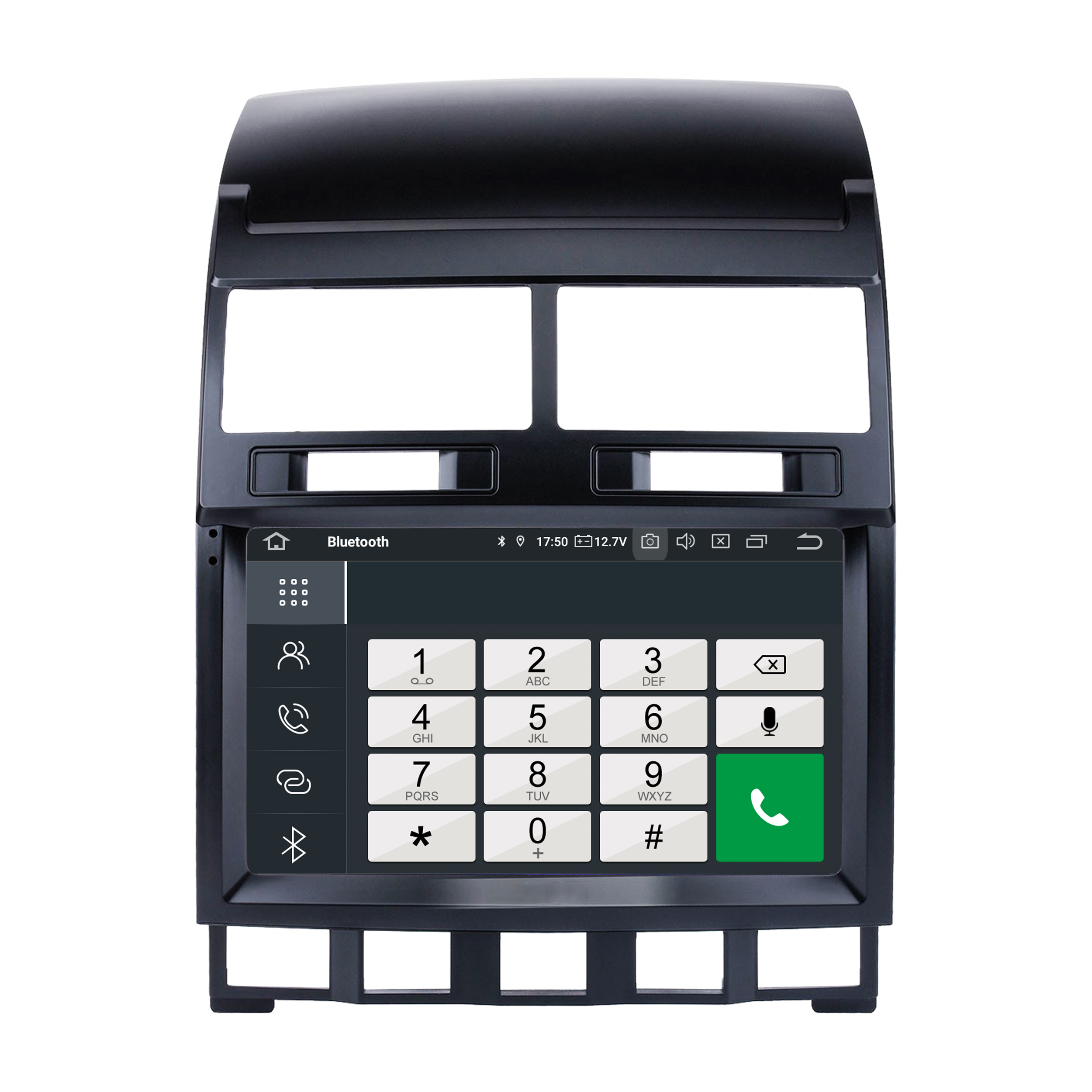 Ein schwarzes Autoradio-Display mit Zifferntastatur und Anruftaste.