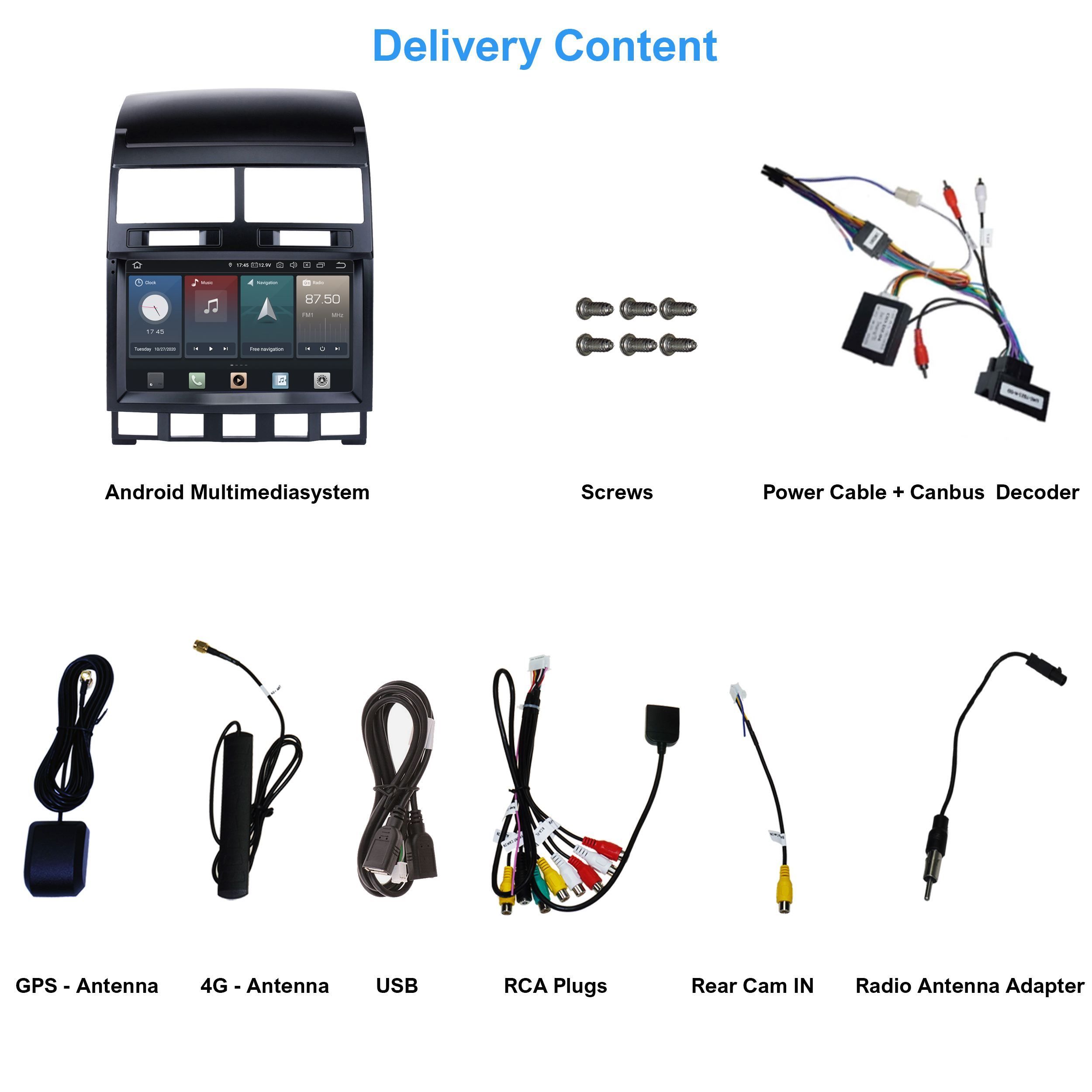 Android Multimedia-System, Schrauben, Stromkabel, Decoder, GPS, 4G, USB, Cinch, Kamera, Antenne.