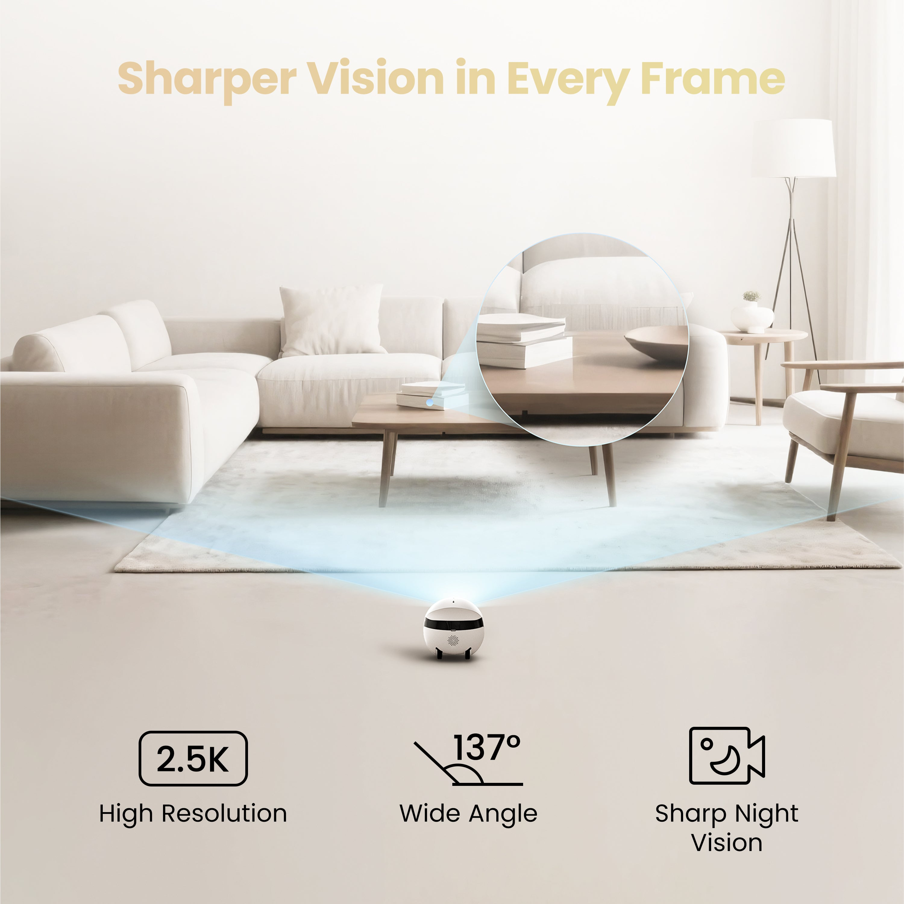 Ein kleiner weißer Roboter projiziert Licht in einem modernen Wohnzimmer.