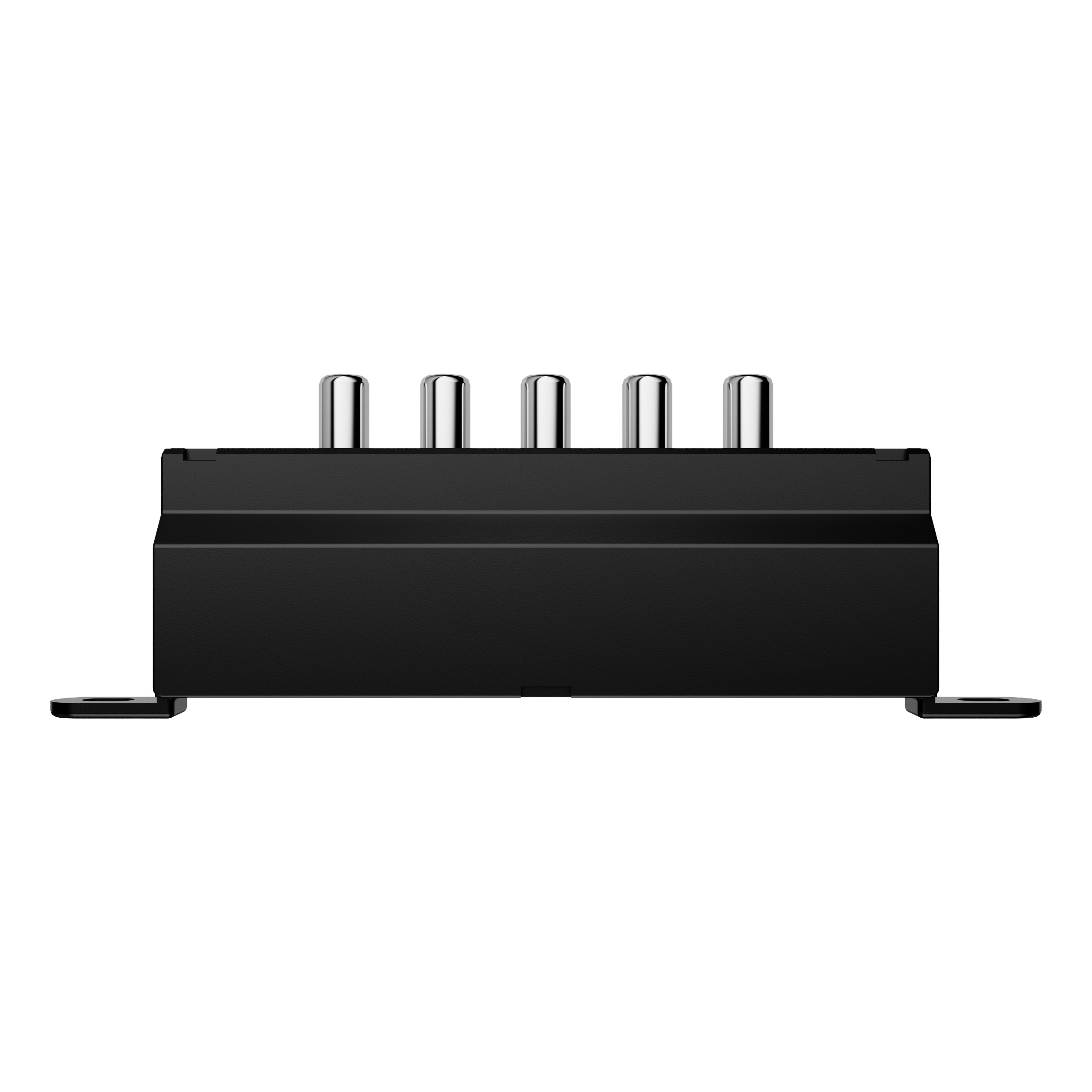 Schwarzer Adapter mit fünf silbernen Stiften und Befestigungslaschen.