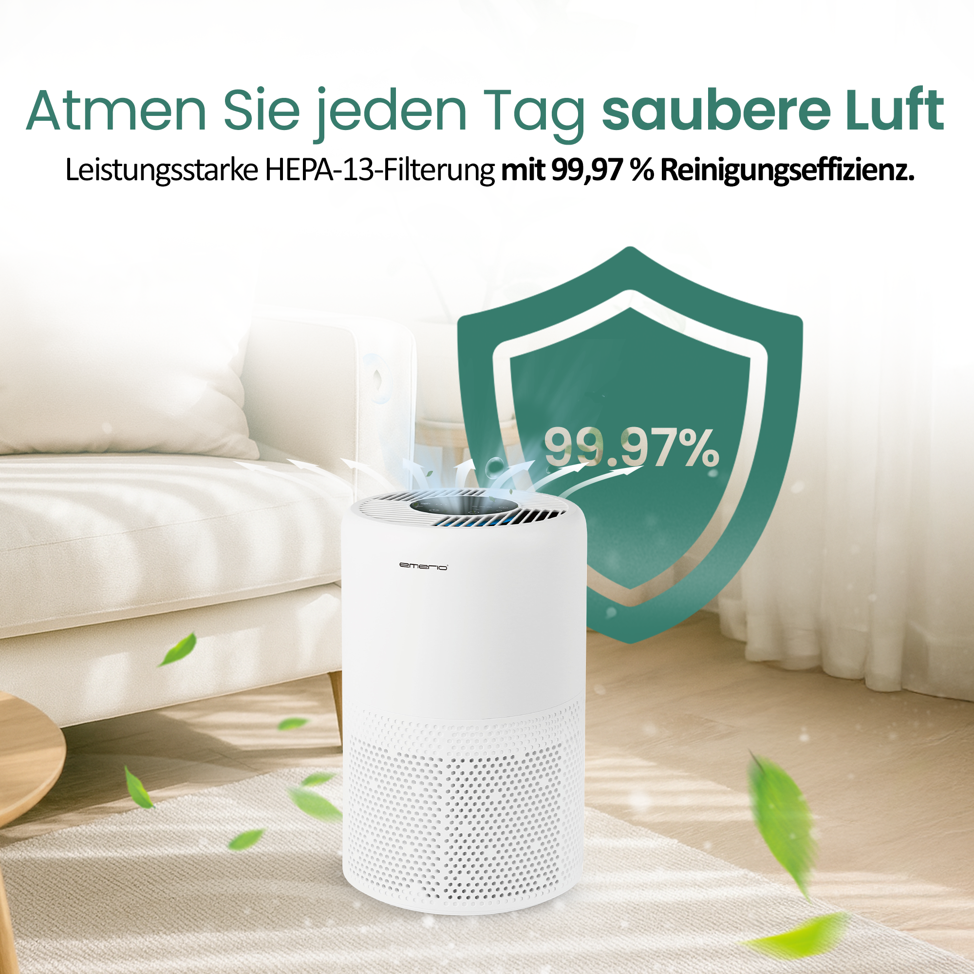 Ein weißer Luftreiniger mit HEPA-Filterung und 99,97% Effizienz.
