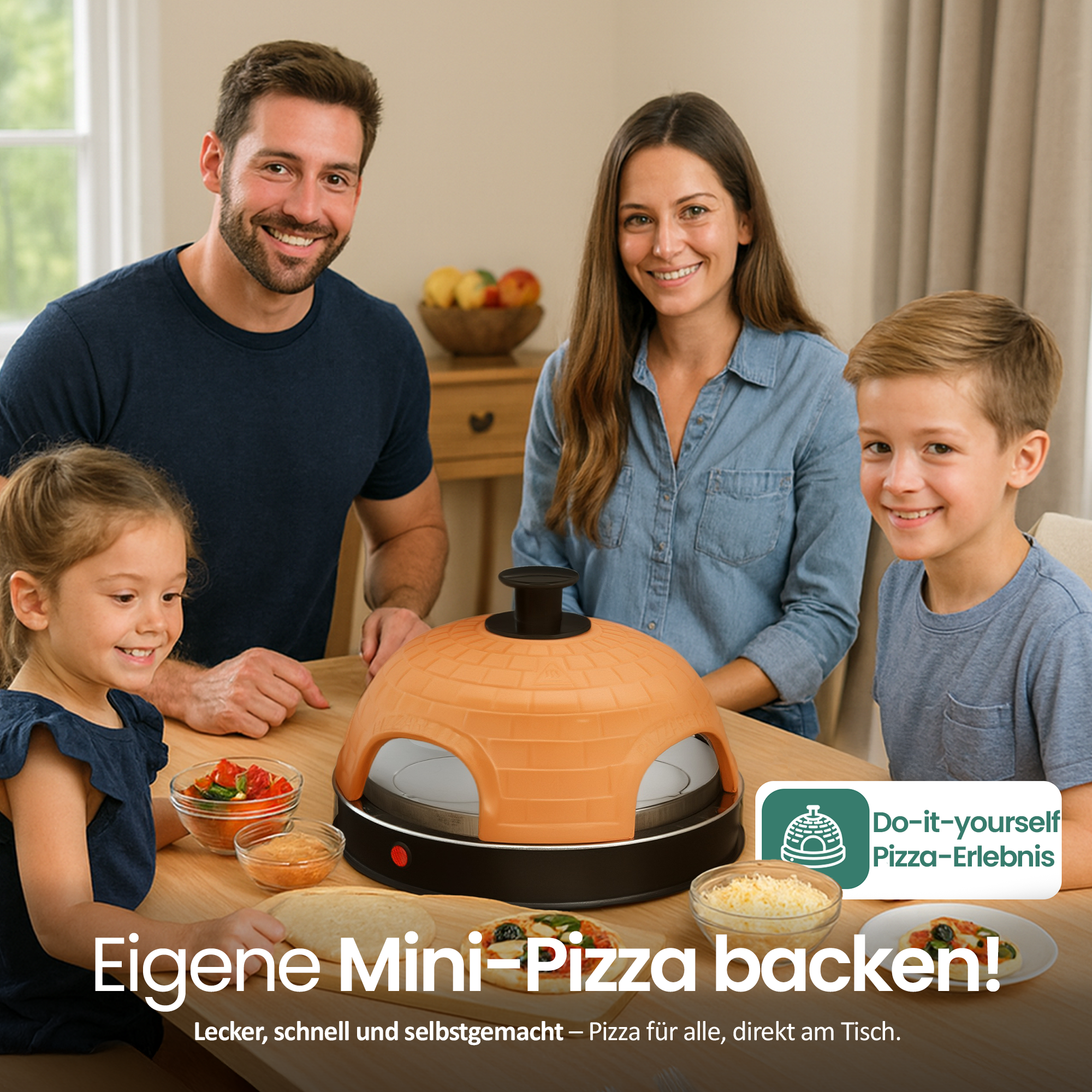 Familie bereitet Mini-Pizzen mit einem Pizzaofen zu. Zutaten sind auf dem Tisch.