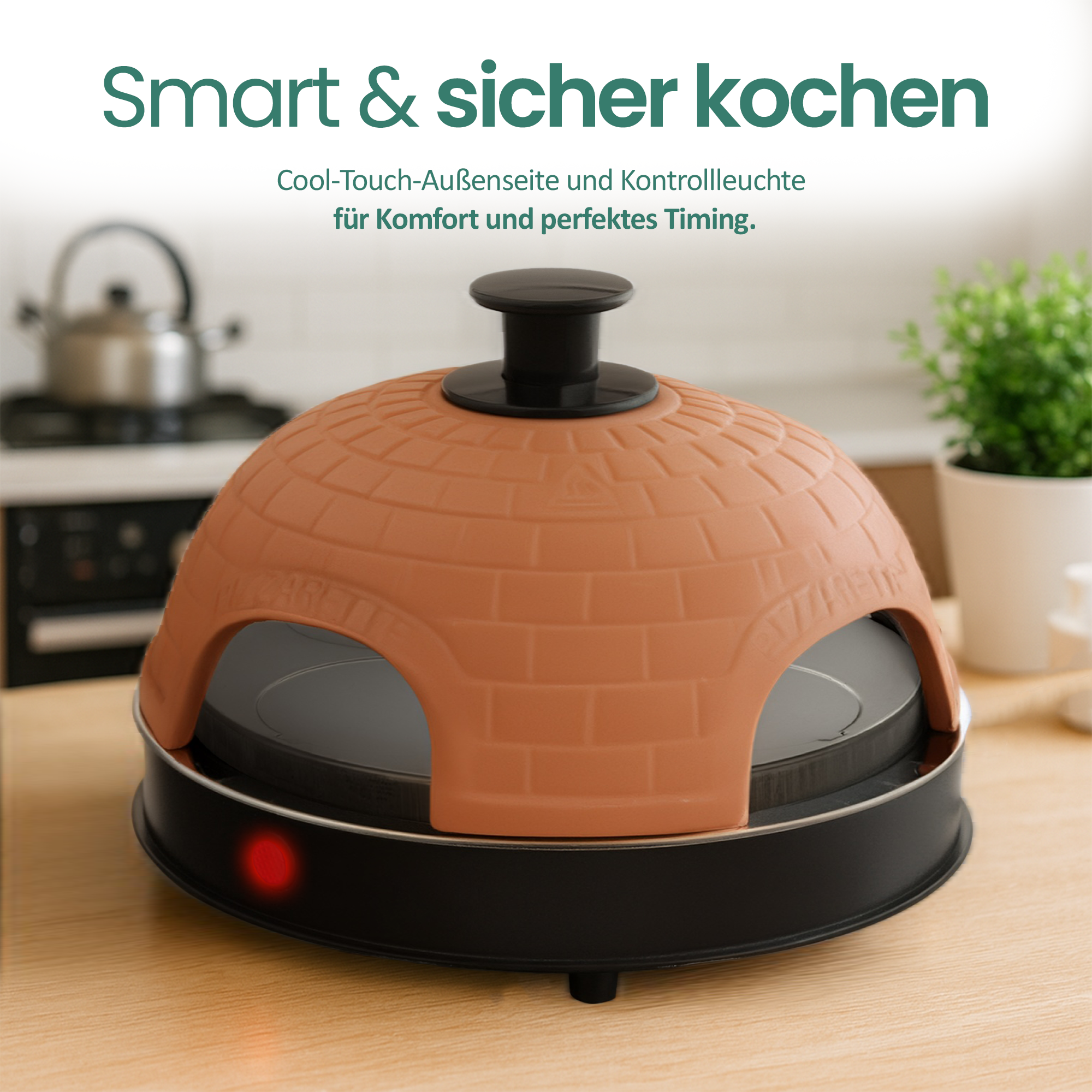 Ein brauner Pizzaofen mit Kuppeldach und roter Kontrollleuchte auf einem Holztisch.