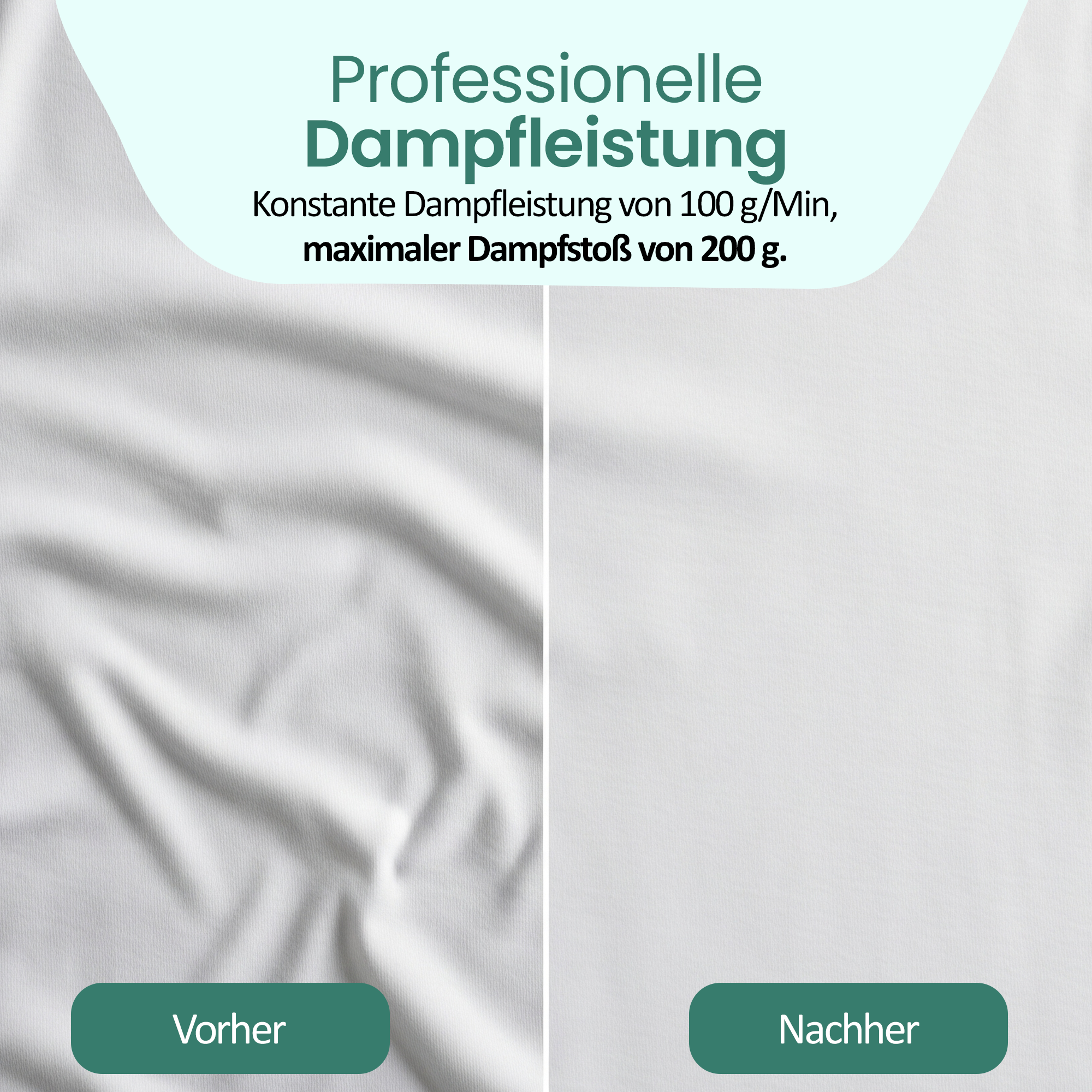 Vorher-Nachher-Vergleich von Stoff mit und ohne Dampfbehandlung.