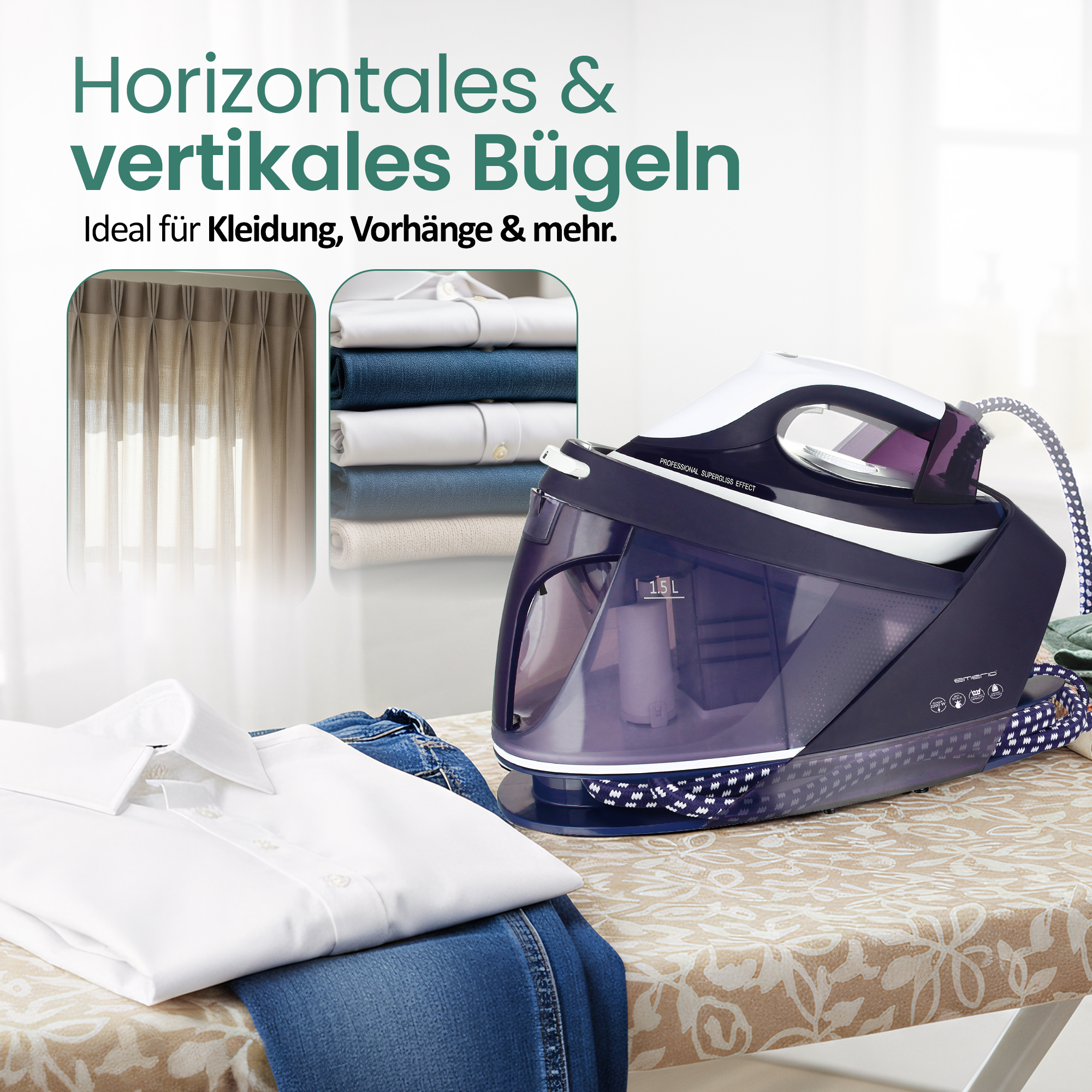 Dampfbügeleisen mit Bügelbrett, Hemd, Jeans und Vorhängen.