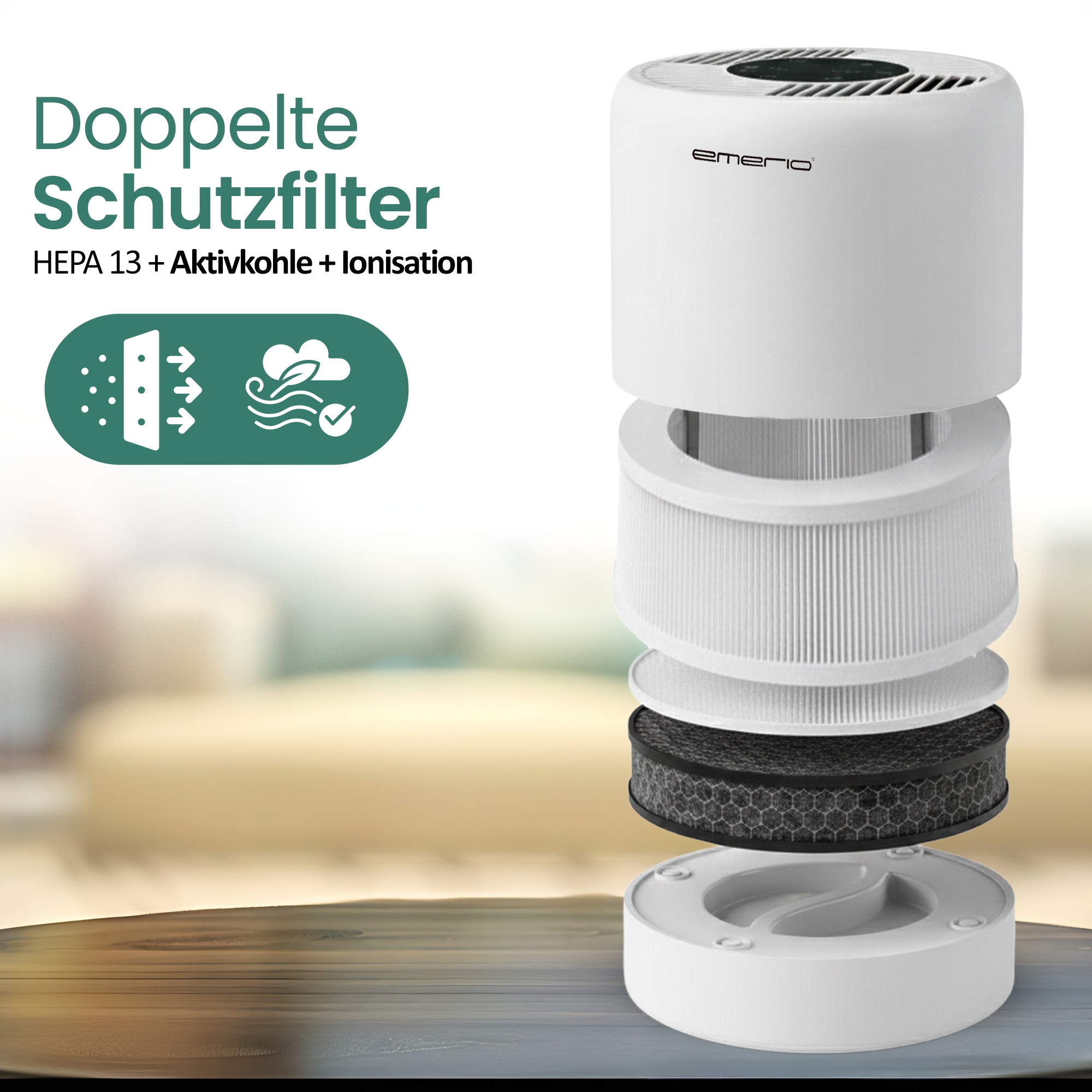 Ein weißer Luftreiniger mit HEPA-Filter, Aktivkohle und Ionisation.