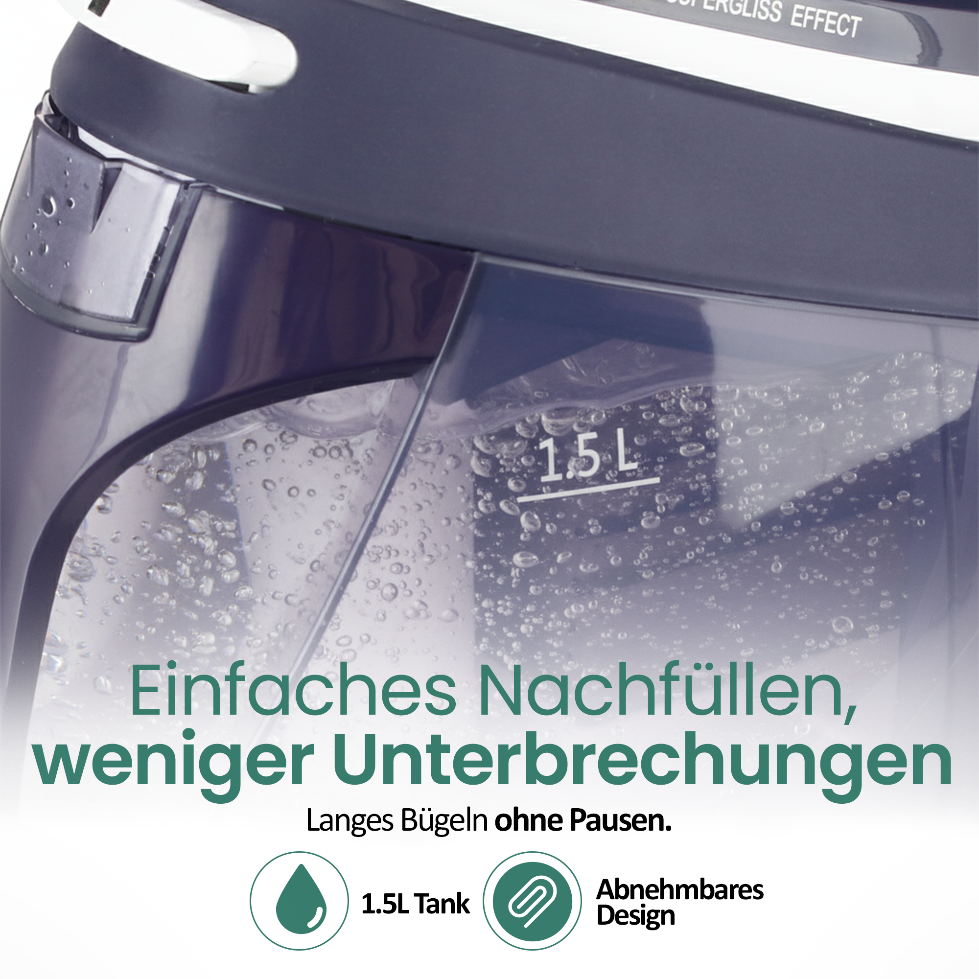 Dunkelblauer Wassertank mit 1,5 L Markierung und Blasen.
