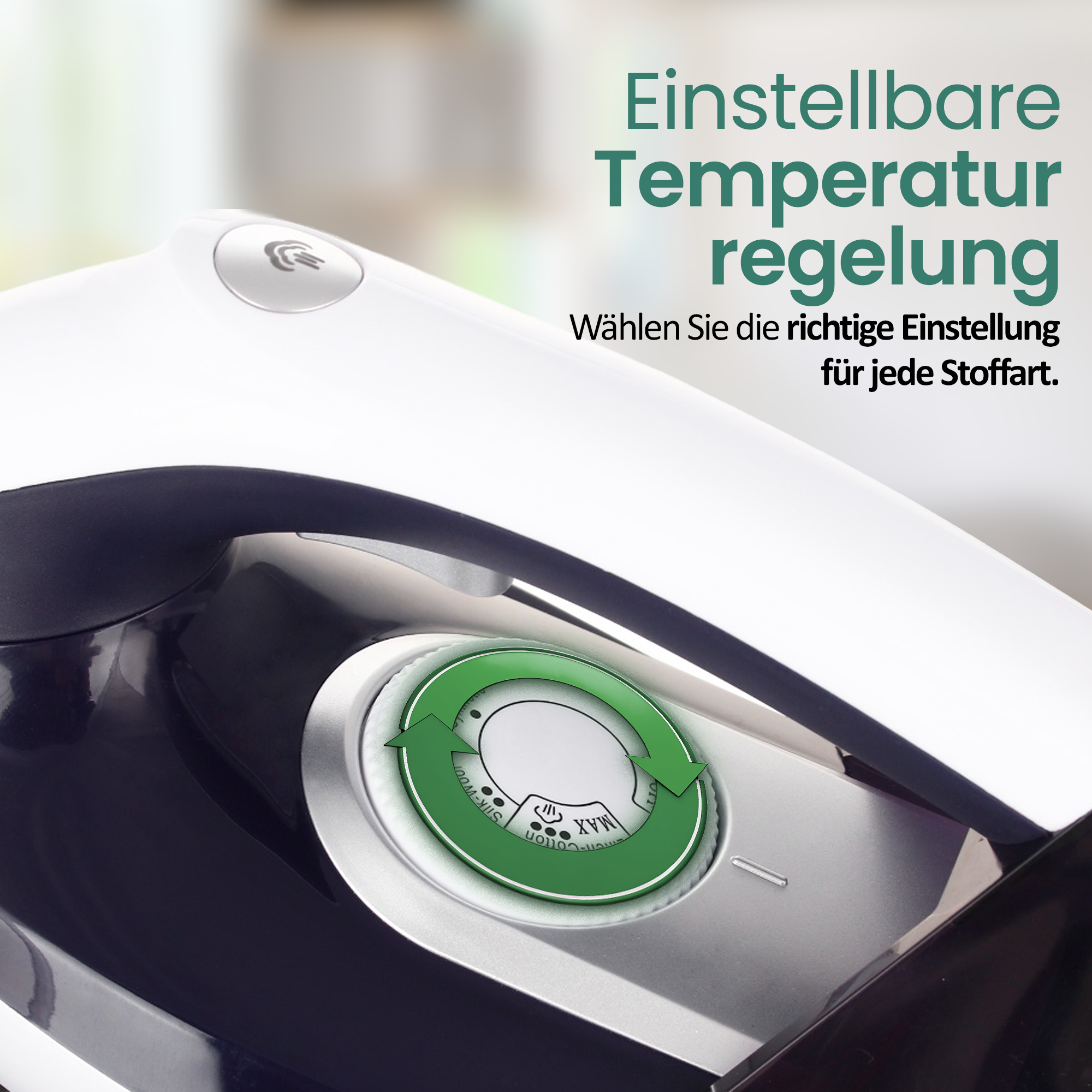 Ein Bügeleisen mit einstellbarer Temperaturregelung und grüner Skala.