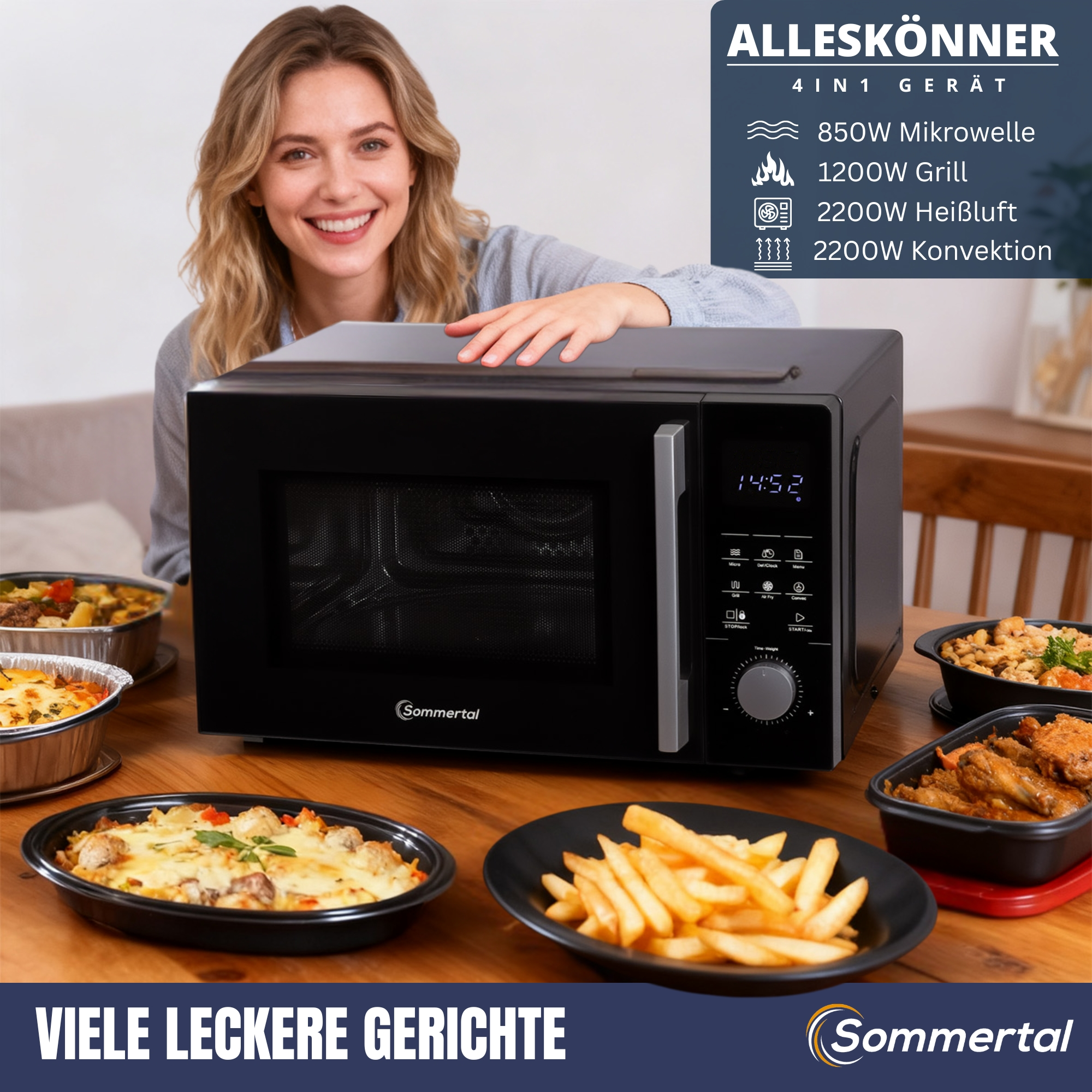 Eine Frau lächelt hinter einer Mikrowelle mit Essen.