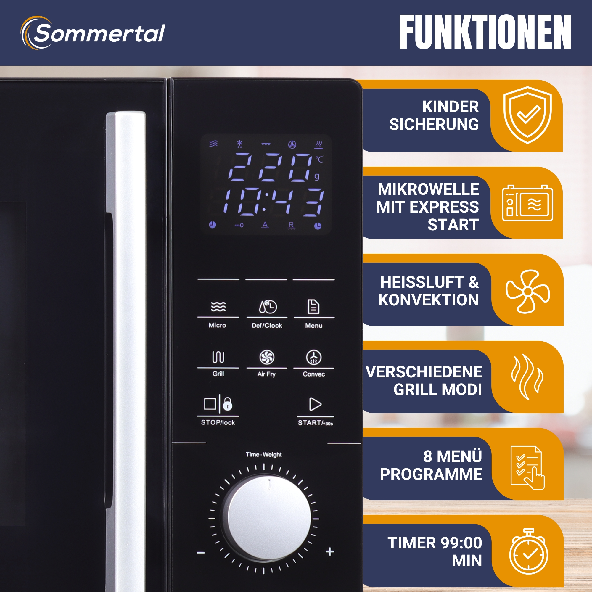 Eine Mikrowelle mit digitaler Anzeige, Bedienelementen und Funktionen.