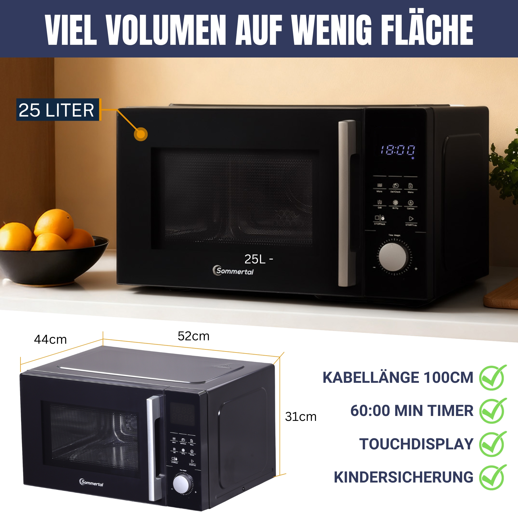 Schwarze Mikrowelle mit 25L Fassungsvermögen, Maßen 44x52x31cm. Zeigt 18:00 Uhr.