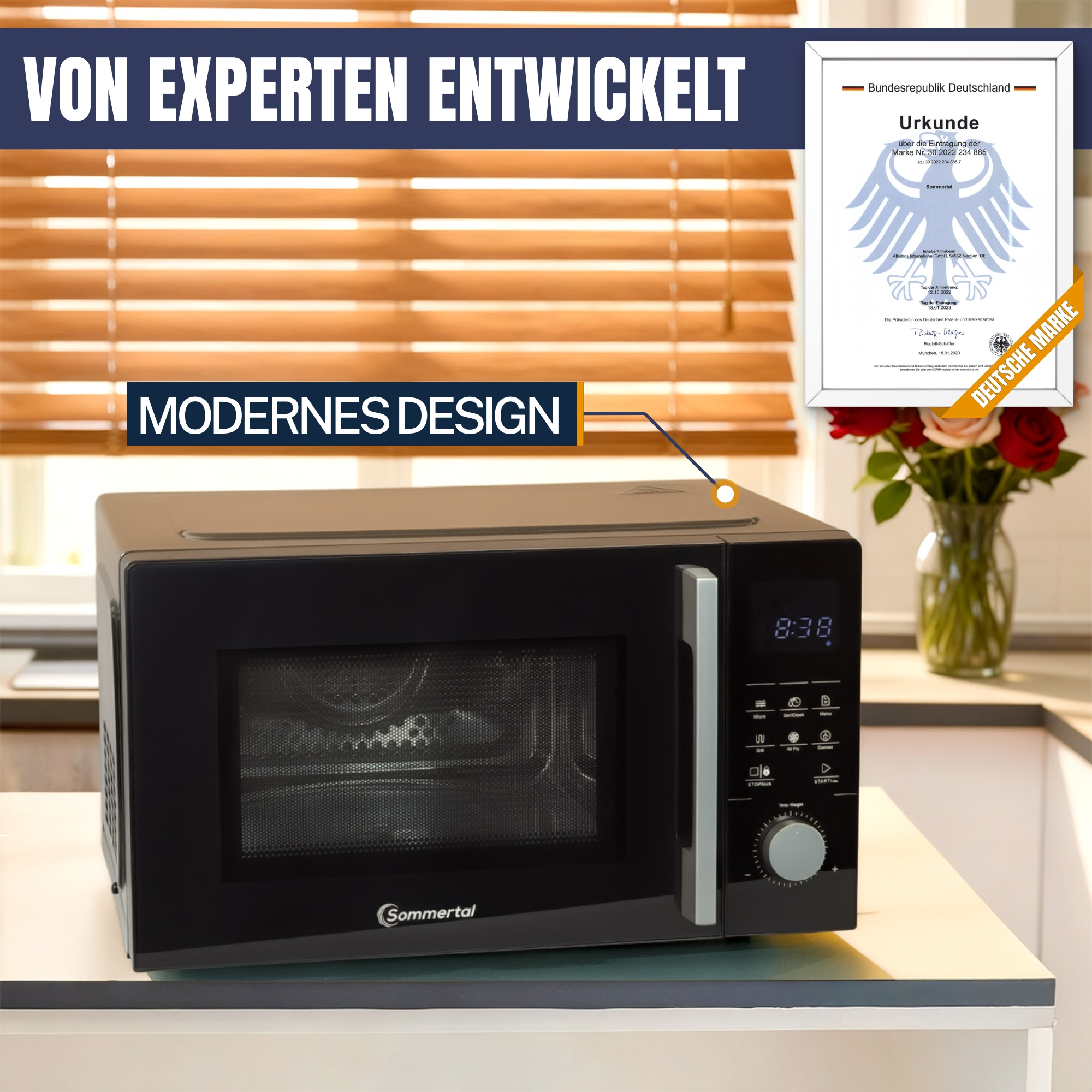 Schwarze Mikrowelle mit digitaler Anzeige und Zertifikat im Hintergrund.