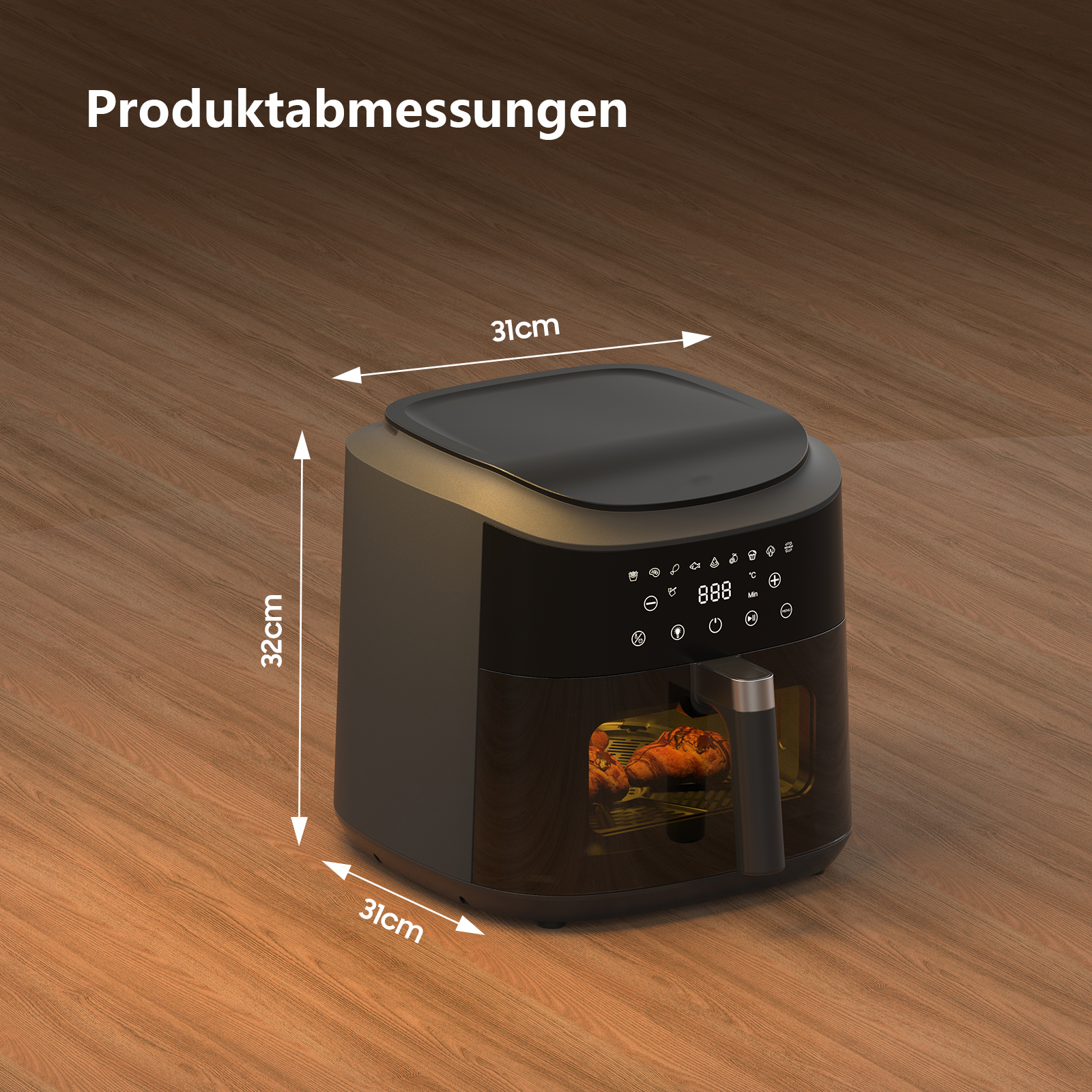 Schwarze Heißluftfritteuse mit digitalen Bedienelementen und sichtbaren Lebensmitteln im Inneren. Maße: 31x32x31cm.