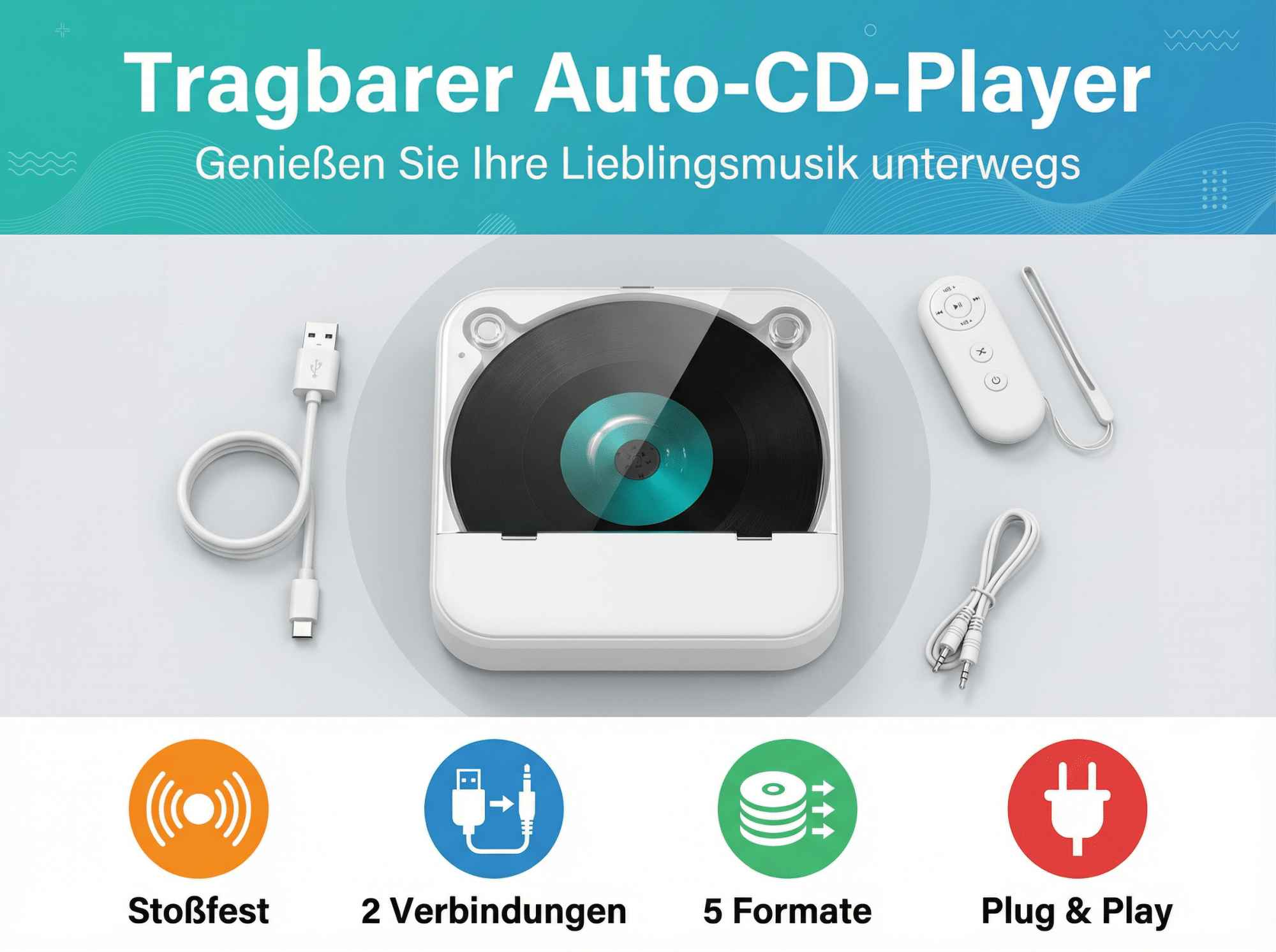 Tragbarer CD-Player mit Fernbedienung, USB und Audiokabel. Stoßfest.