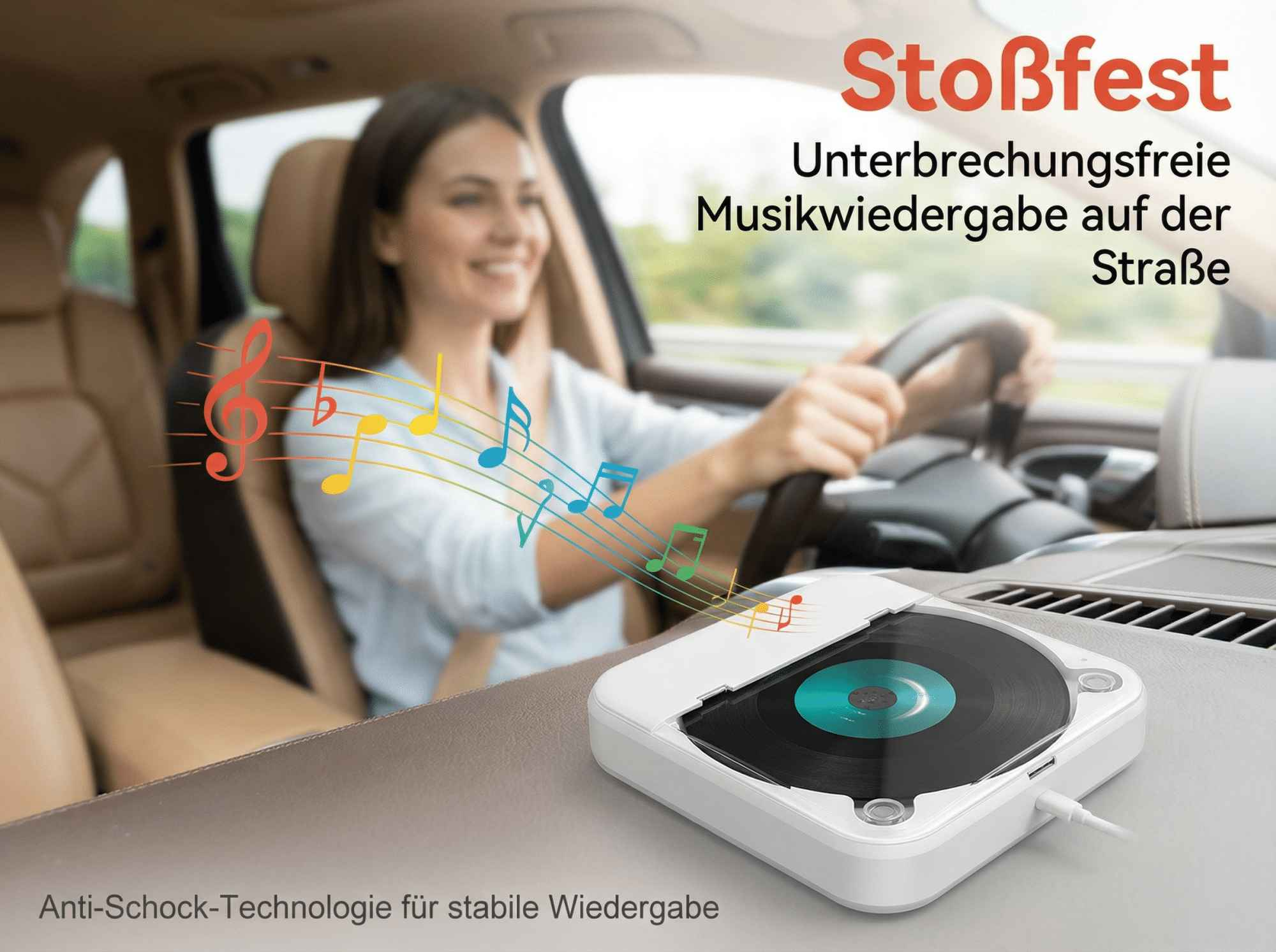 Frau fährt Auto mit Platten-CD-Player und Musiknoten