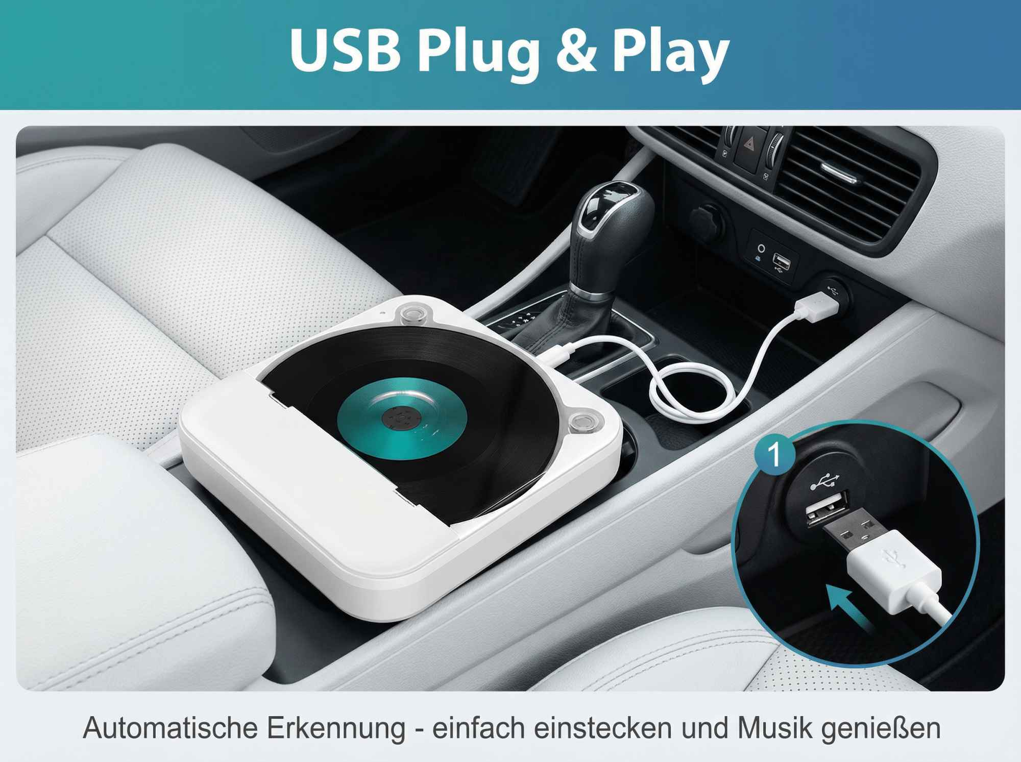 Ein weißer CD-Player mit einer schwarzen CD im Auto, angeschlossen an USB.