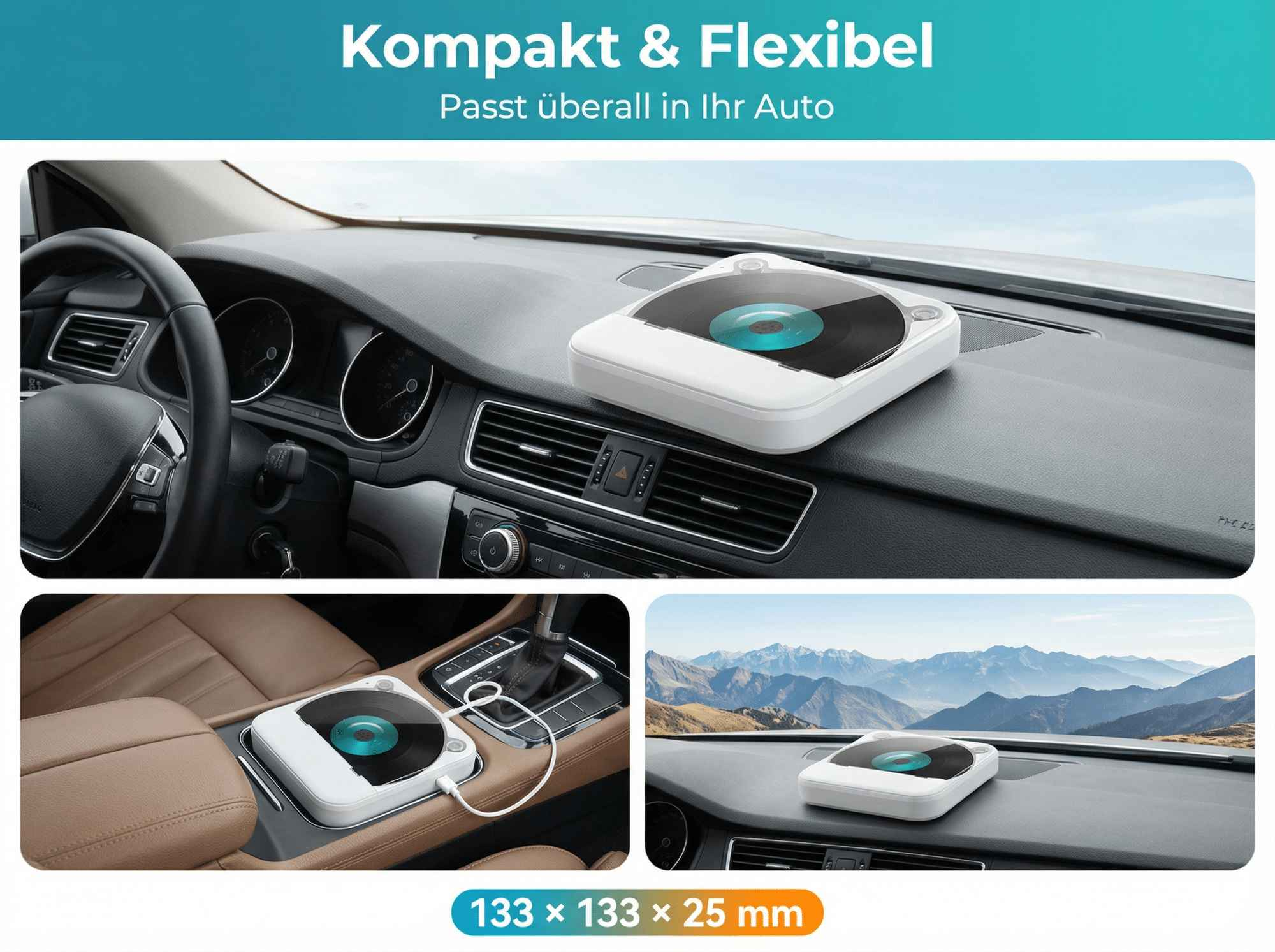 Kompakter weißer Auto-Lufterfrischer mit blauem Kern, auf dem Armaturenbrett.