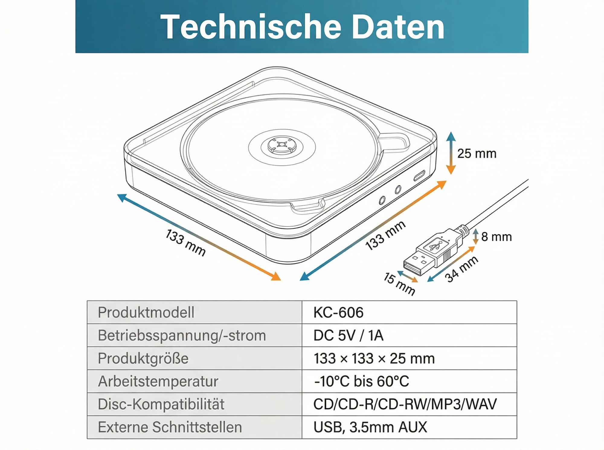 Technische Daten eines Geräts mit Maßen 133x133x25mm und USB-Anschluss.