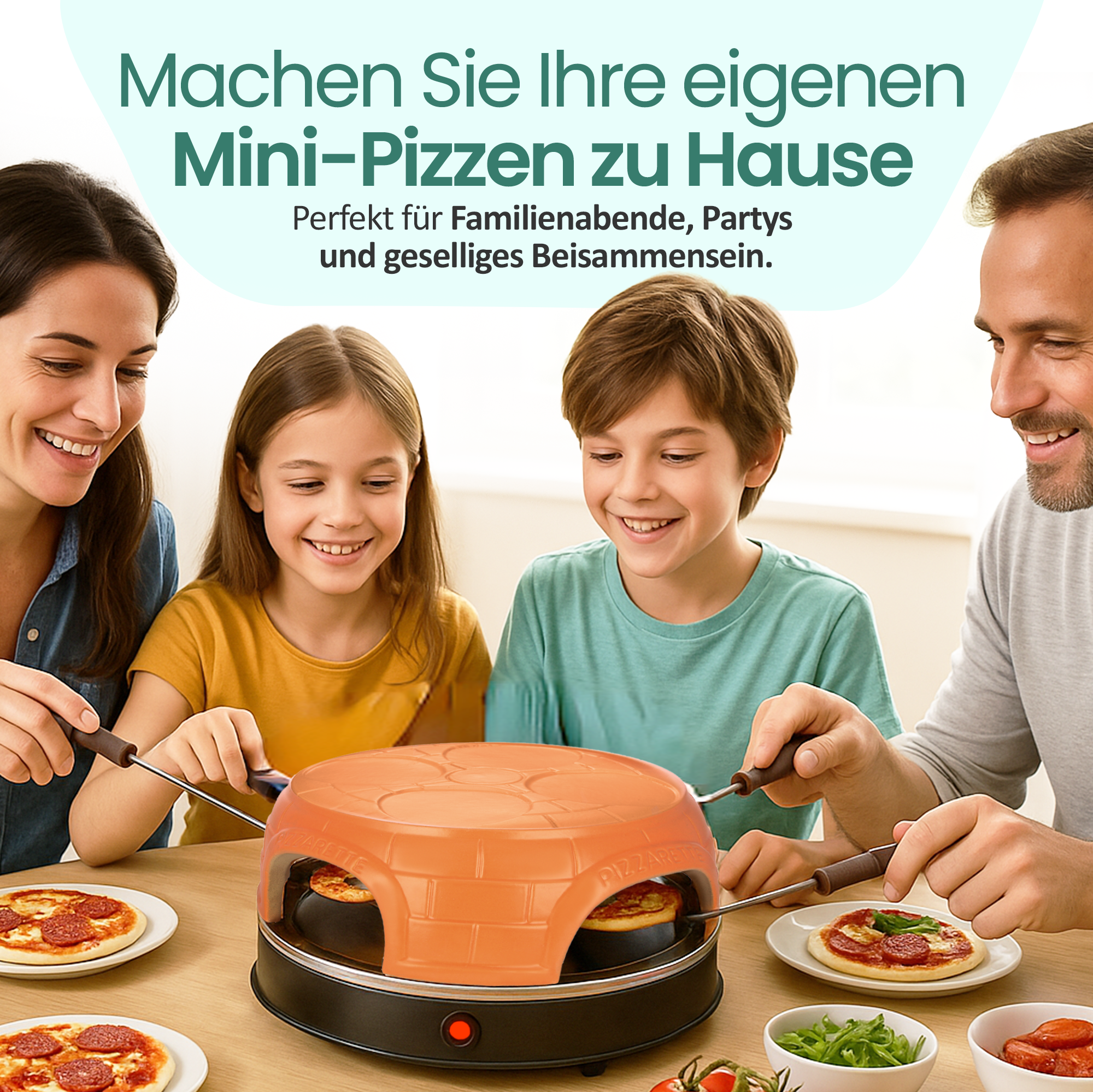 Familie macht Mini-Pizzen zu Hause an einem runden Ofen.