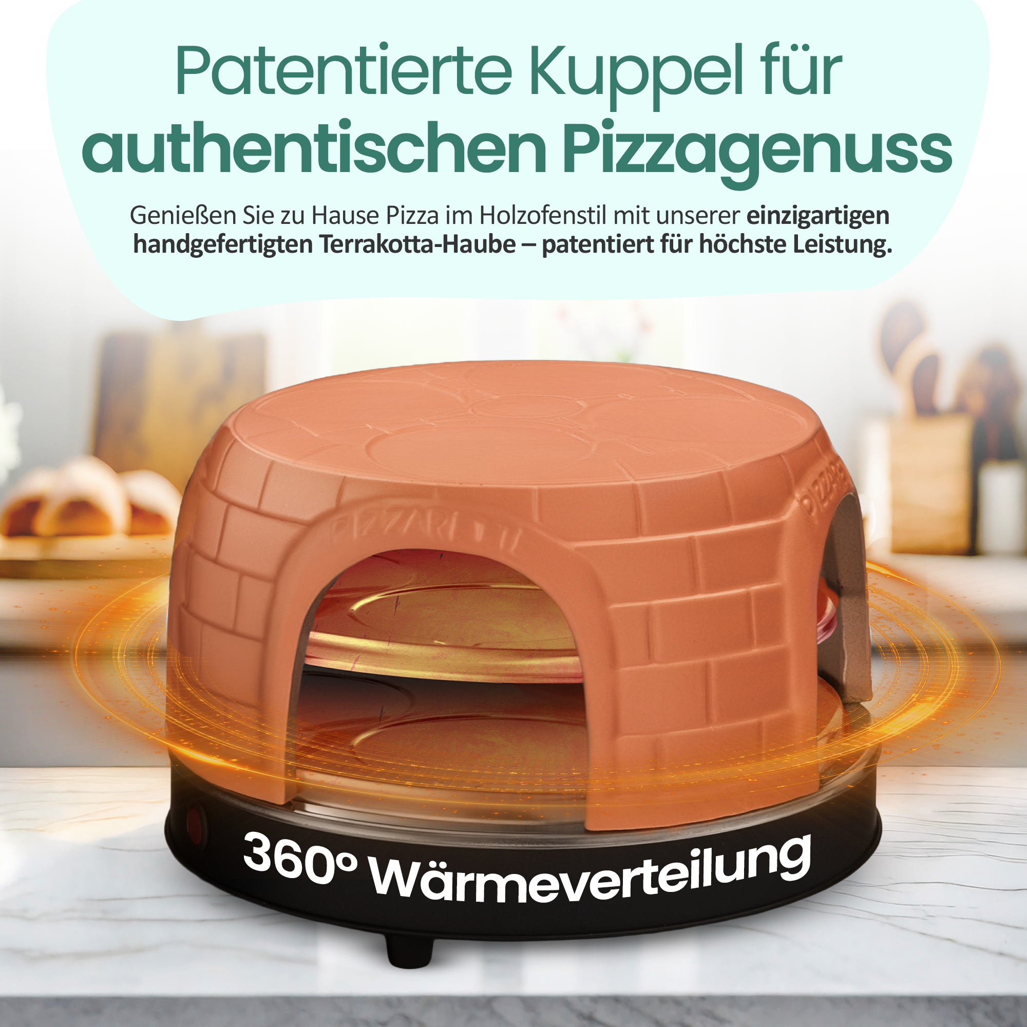 Terrakotta-Pizzaofen mit 360° Wärmeverteilung. Patentierte Kuppel für authentischen Pizzagenuss.