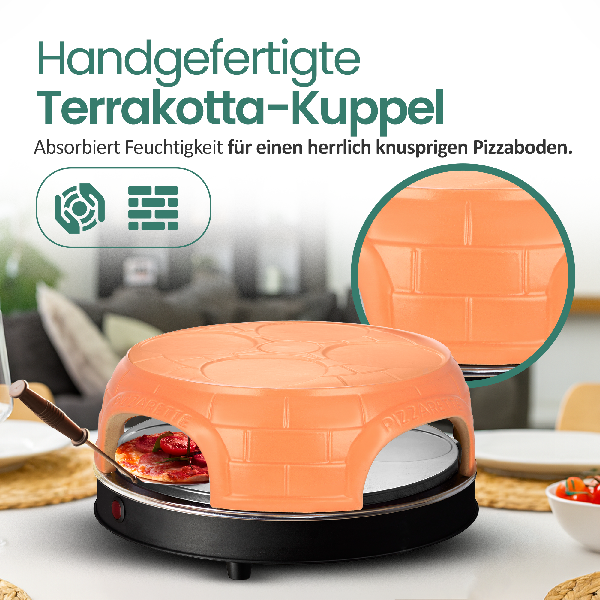 Orange Terrakotta-Kuppel Pizzaofen mit einer kleinen Pizza im Inneren.