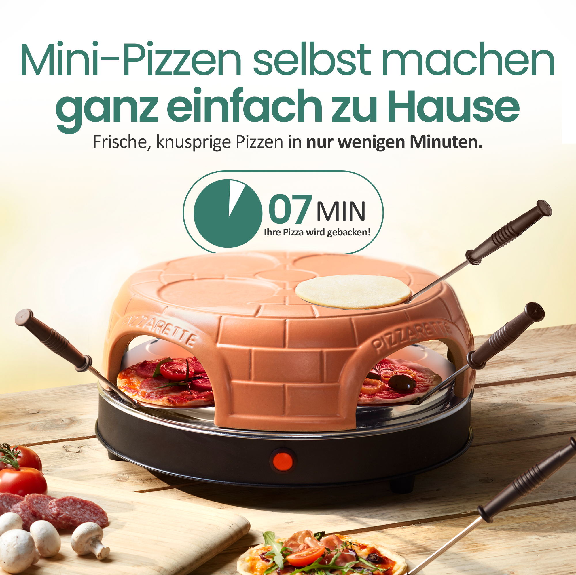 Mini-Pizzaofen backt Pizzen in 7 Minuten. Zutaten liegen bereit.