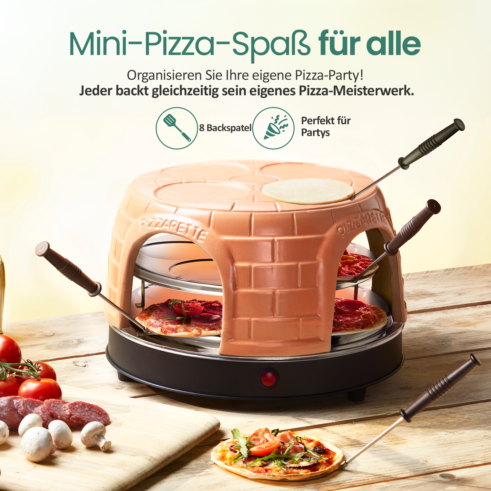 Ein Mini-Pizzaofen aus Terrakotta mit mehreren Ebenen, bereit für den Gebrauch.