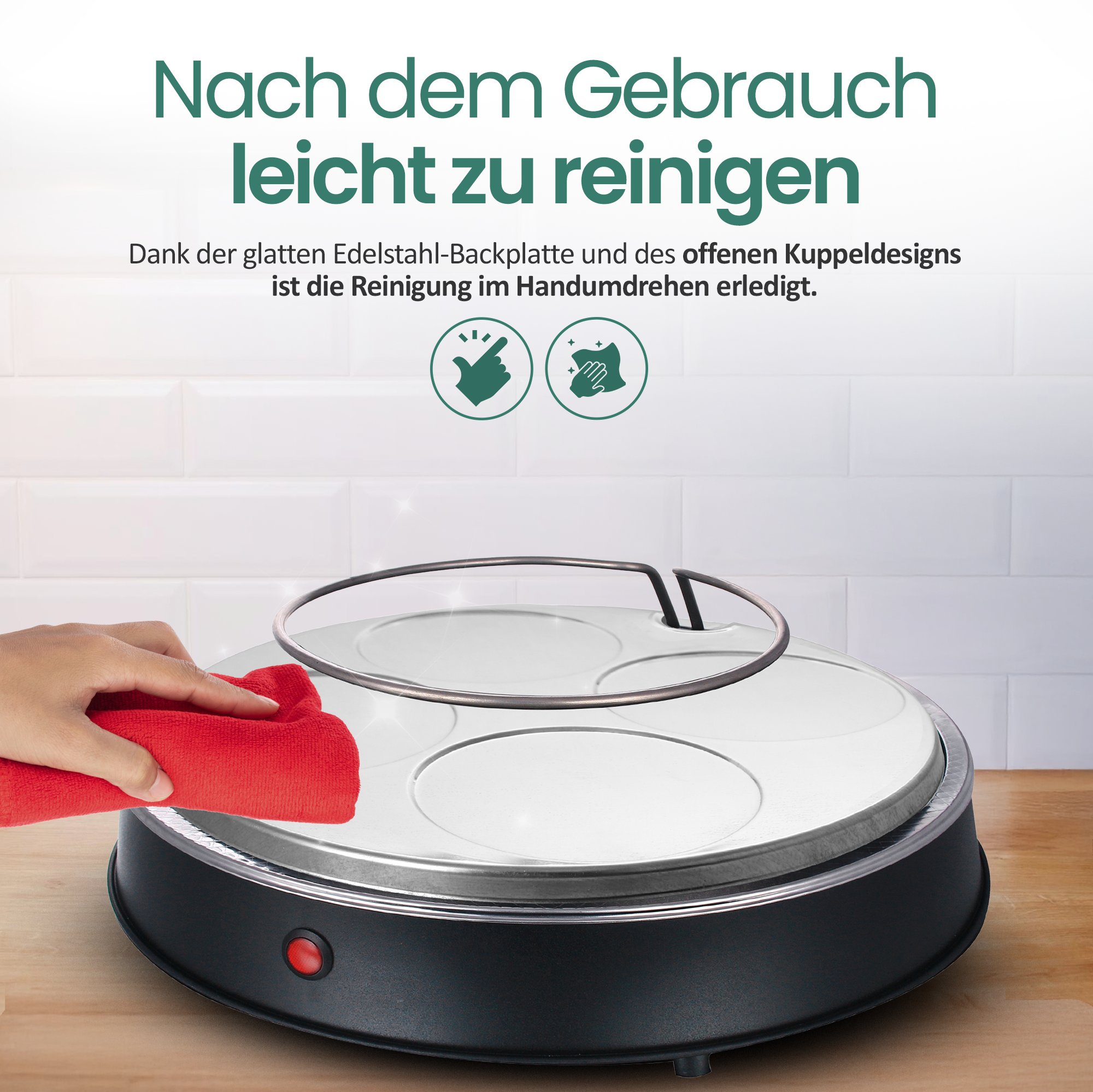 Eine Hand reinigt ein Gerät mit einem roten Tuch. Leichte Reinigung.