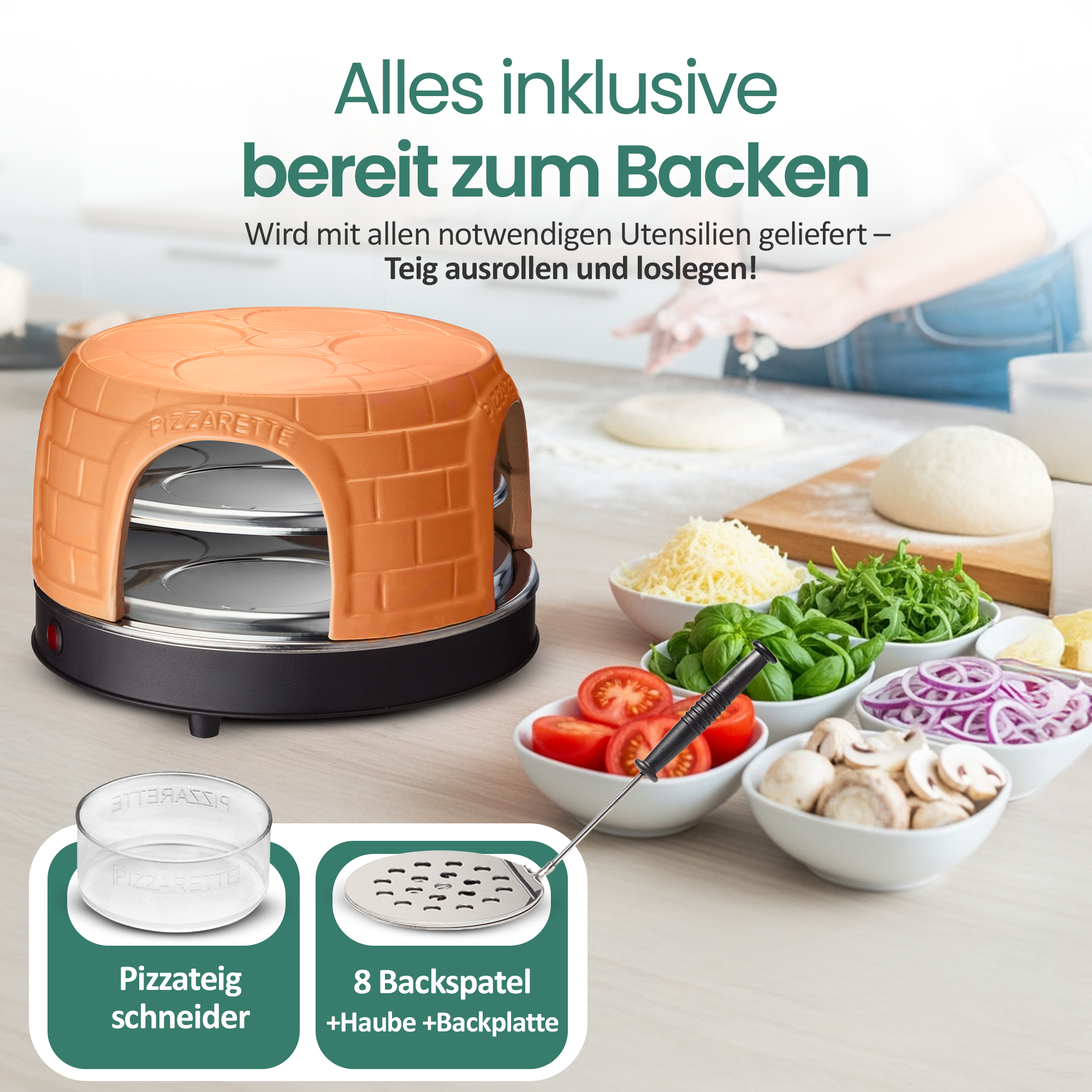 Pizzaofen mit Zutaten wie Tomaten, Zwiebeln, Käse und Kräutern.