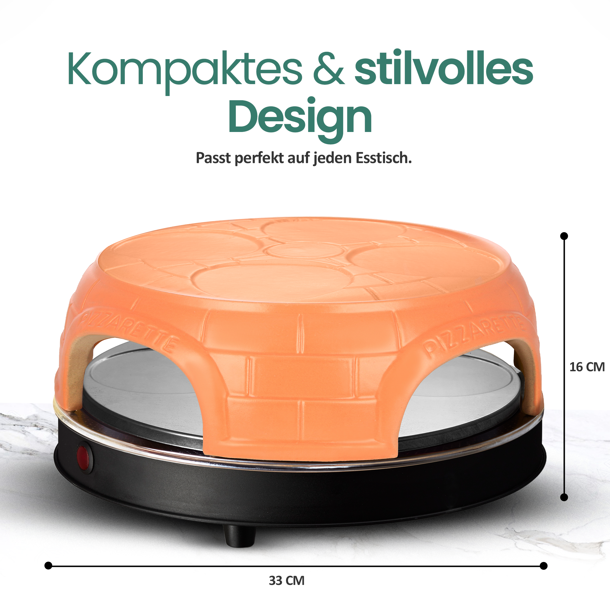 Ein orangefarbener Pizzaofen im kompakten Design, 16 cm hoch, 33 cm breit.