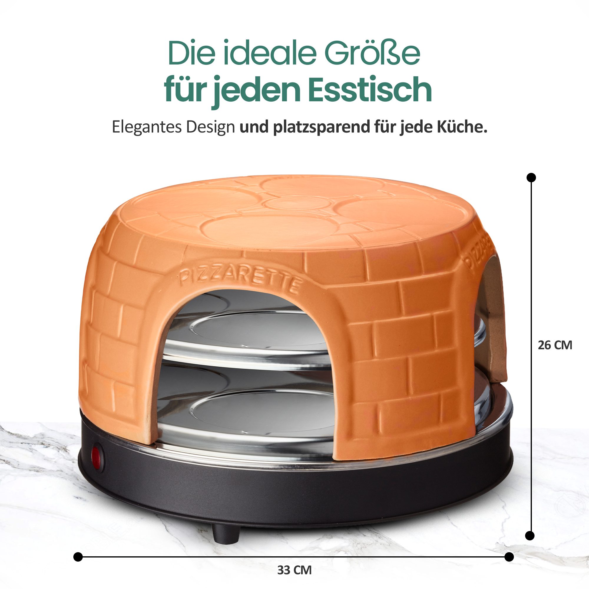 Ein orangefarbener Pizzaofen mit zwei Ebenen auf einer Marmorplatte.