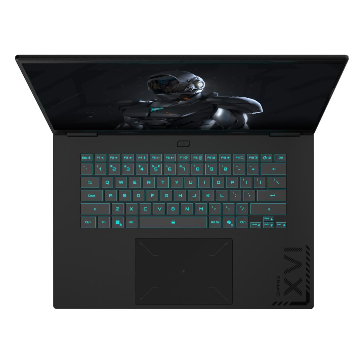 Ein offener schwarzer Laptop mit beleuchteter Tastatur und einem Sci-Fi-Charakter auf dem Bildschirm.