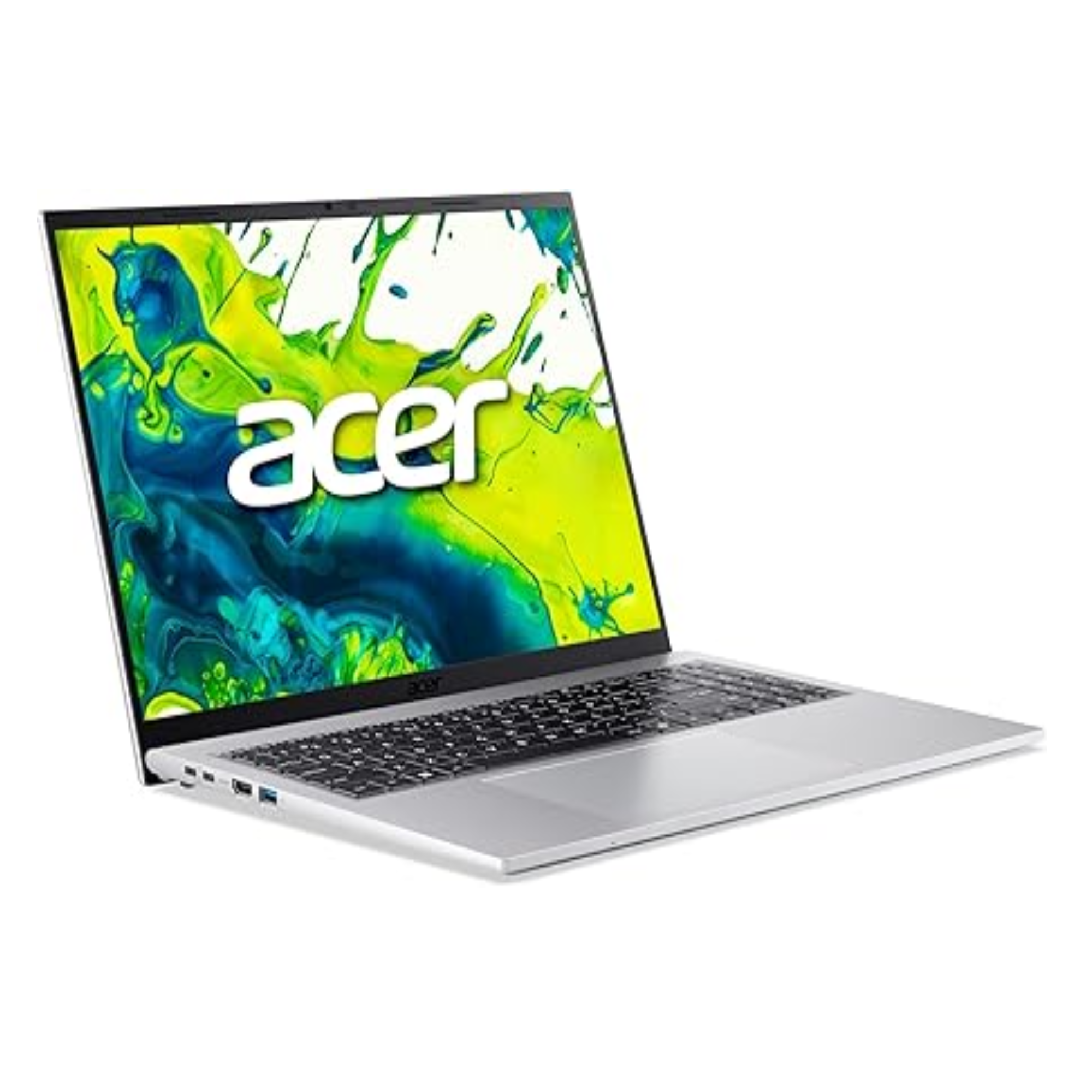 Ein silberner Acer Laptop mit einem bunten Hintergrundbild, das grüne und blaue Farben zeigt.