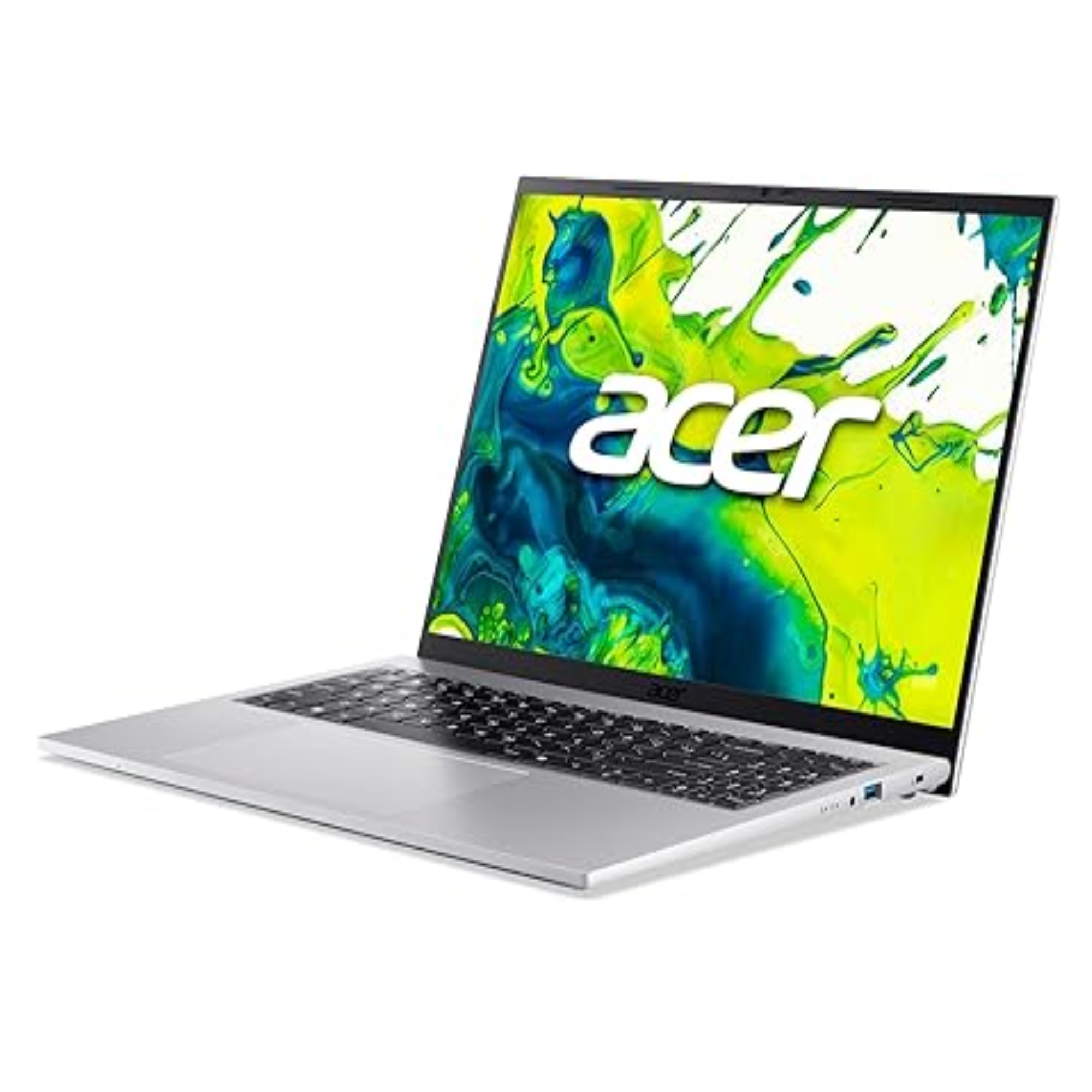 Ein silberner Laptop mit einem dynamischen, bunten Hintergrundbild auf dem Bildschirm.