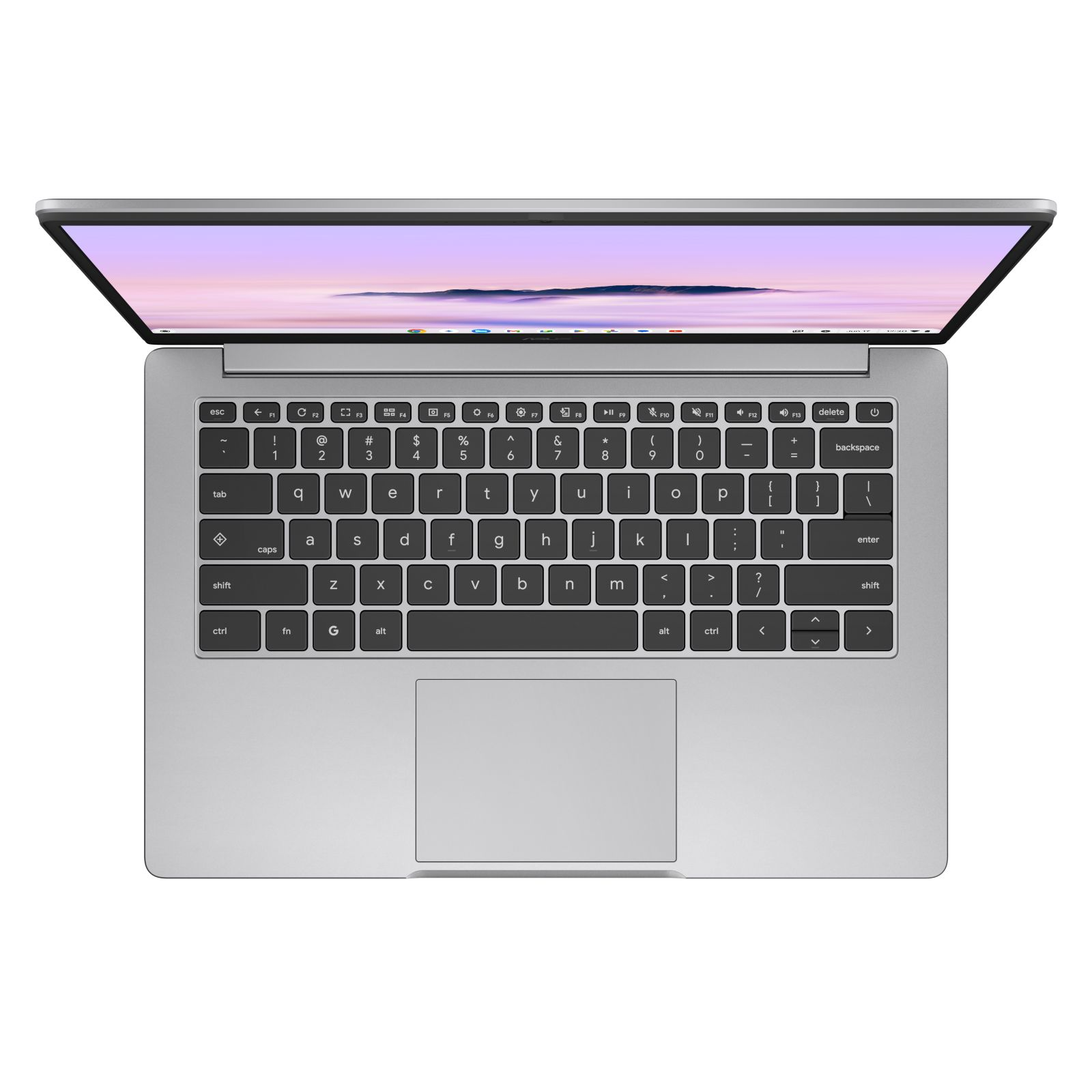 Otwarty srebrny laptop, widoczna klawiatura i touchpad.