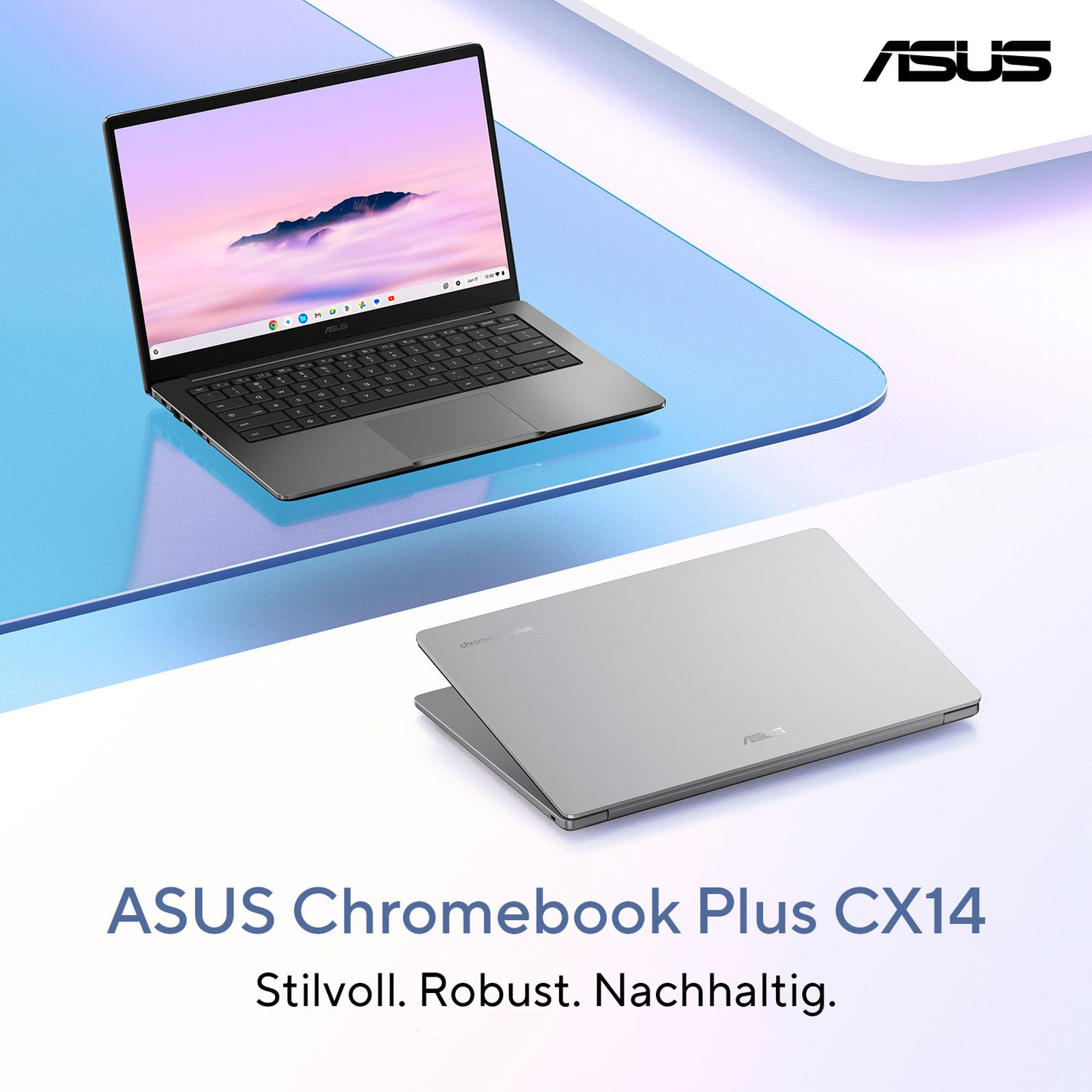 Otwarty ASUS Chromebook Plus CX14 i zamknięty model.