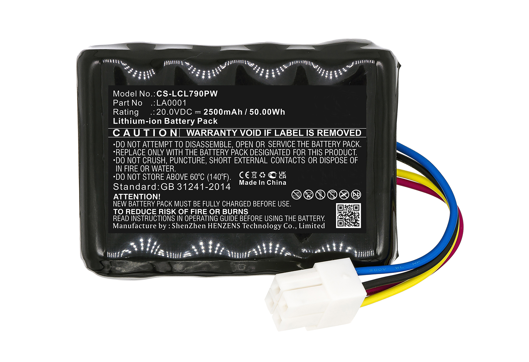 Ein schwarzer Lithium-Ionen-Akku mit weißen Anschlusskabeln.