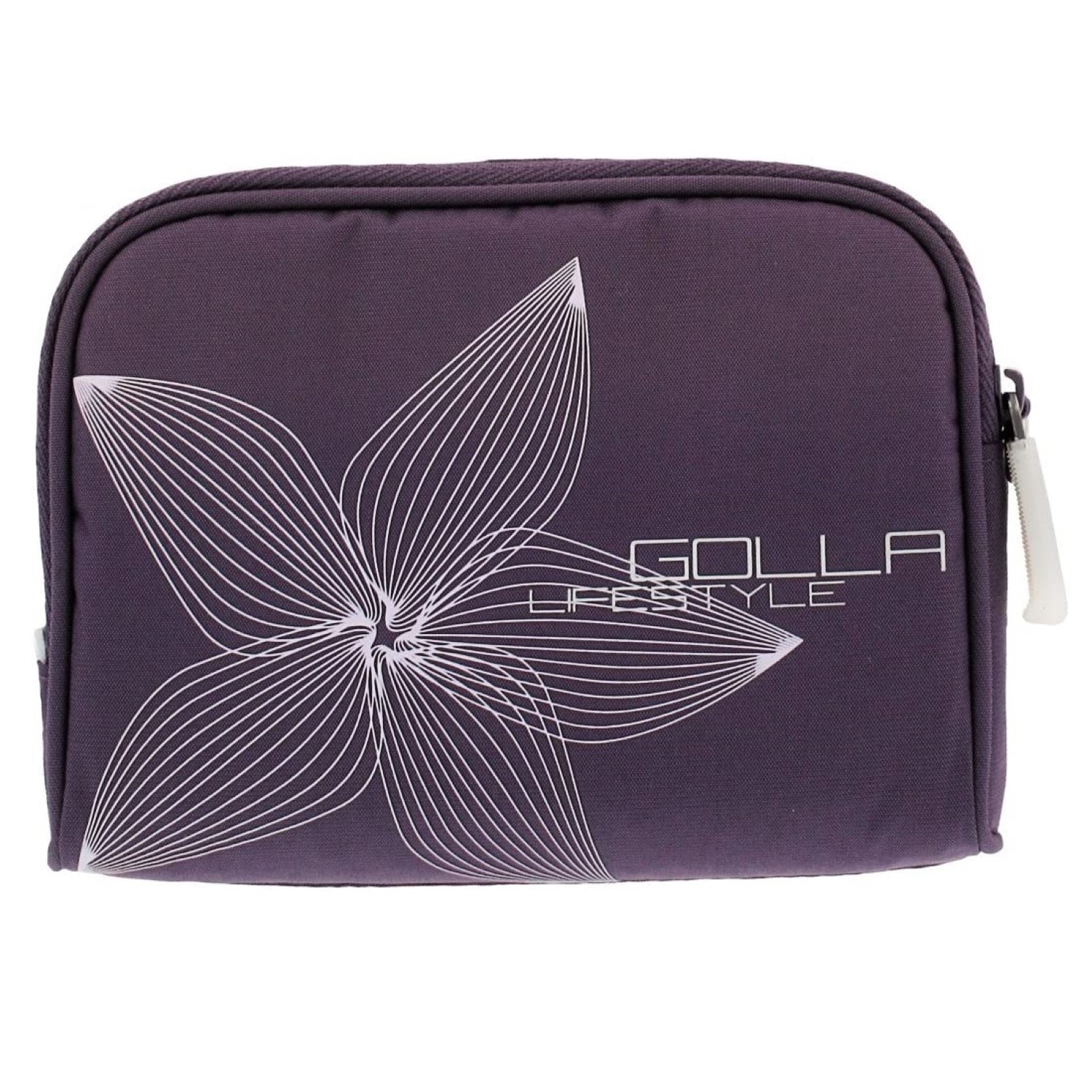 Eine violette Kosmetiktasche mit weißer Blumenillustration und GOLLA-Logo.
