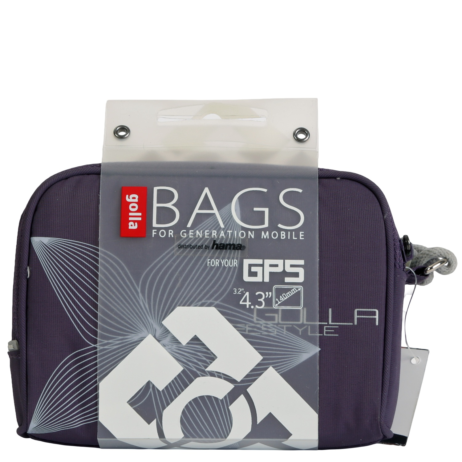Eine graue Golla Tasche für GPS-Geräte mit Blumenmuster und Produktinformationen.