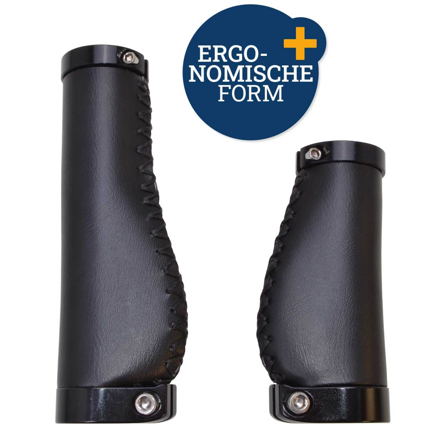 Schwarze ergonomische Lenkergriffe mit Nähten und einem blauen Kreis mit gelbem Plus.