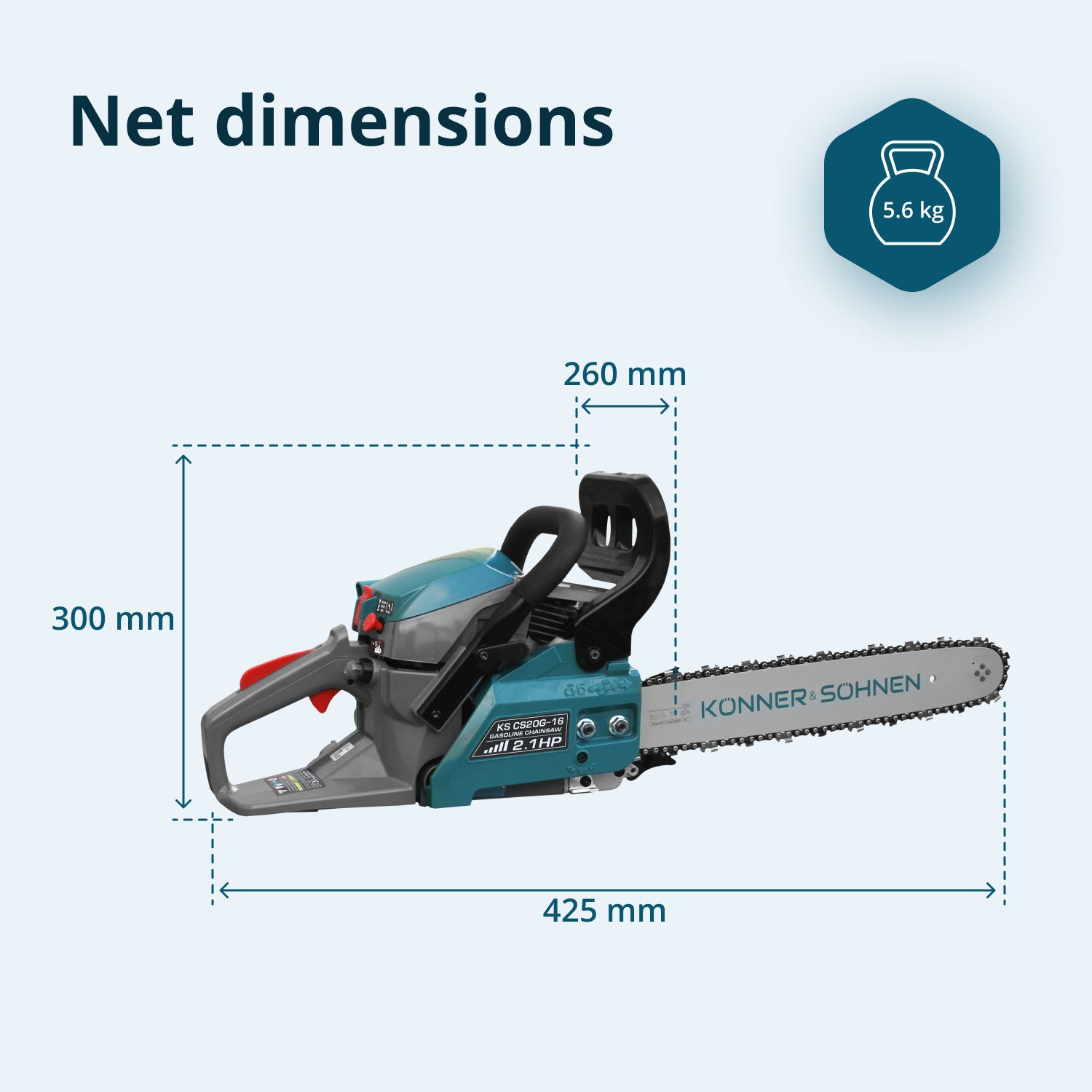 Eine Kettensäge mit Maßen 425x260x300 mm und einem Gewicht von 5,6 kg.