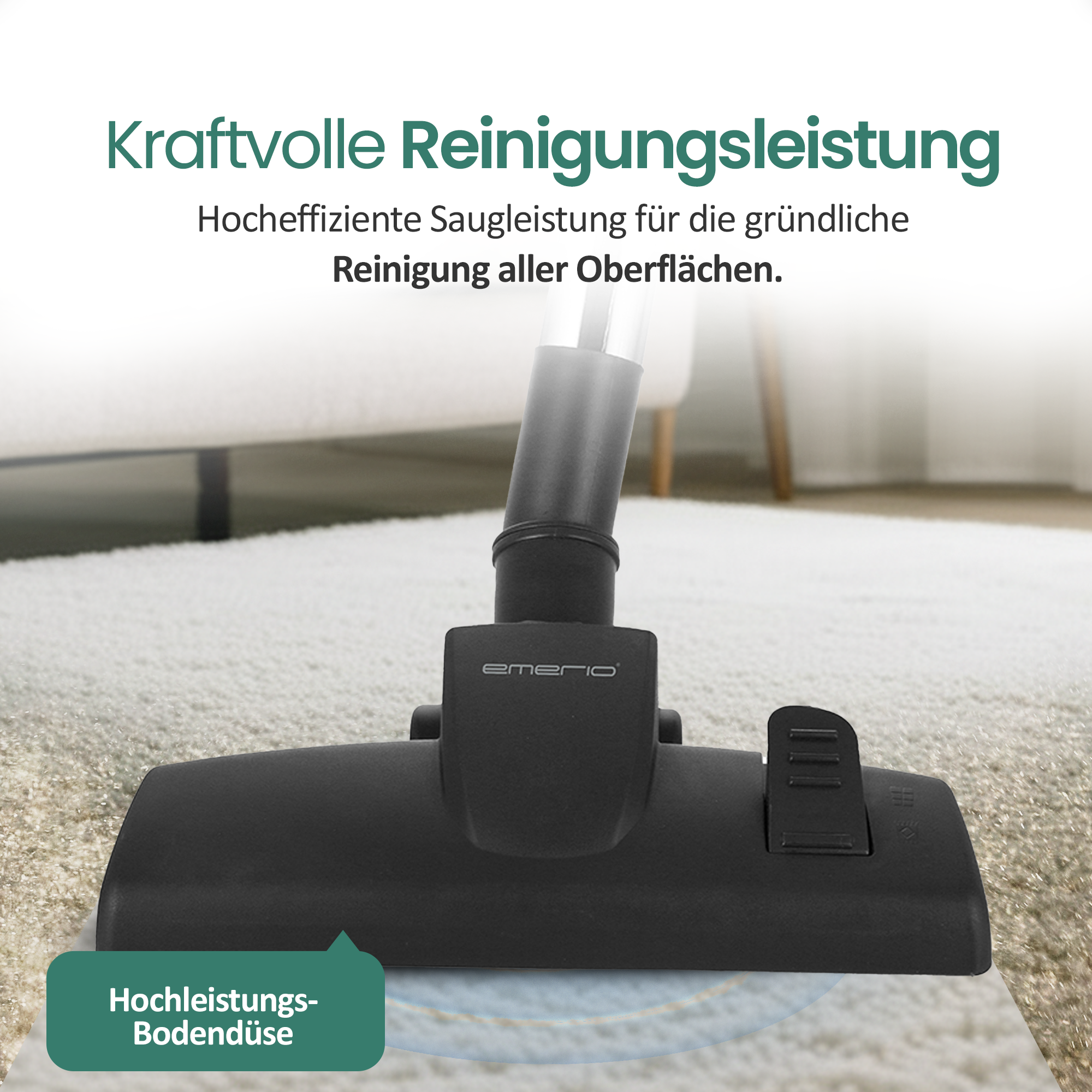 Schwarzer Staubsaugerfuß auf hellem Teppich mit Text auf Deutsch.