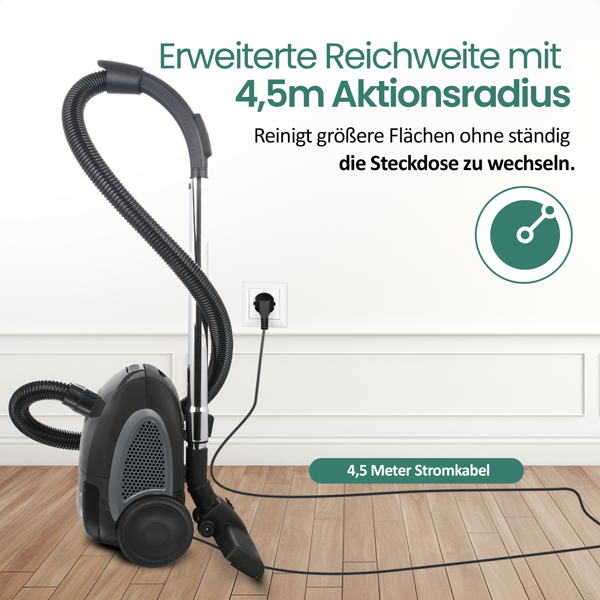 Ein schwarzer Staubsauger mit 4,5m Kabel und einem grünen Symbol.