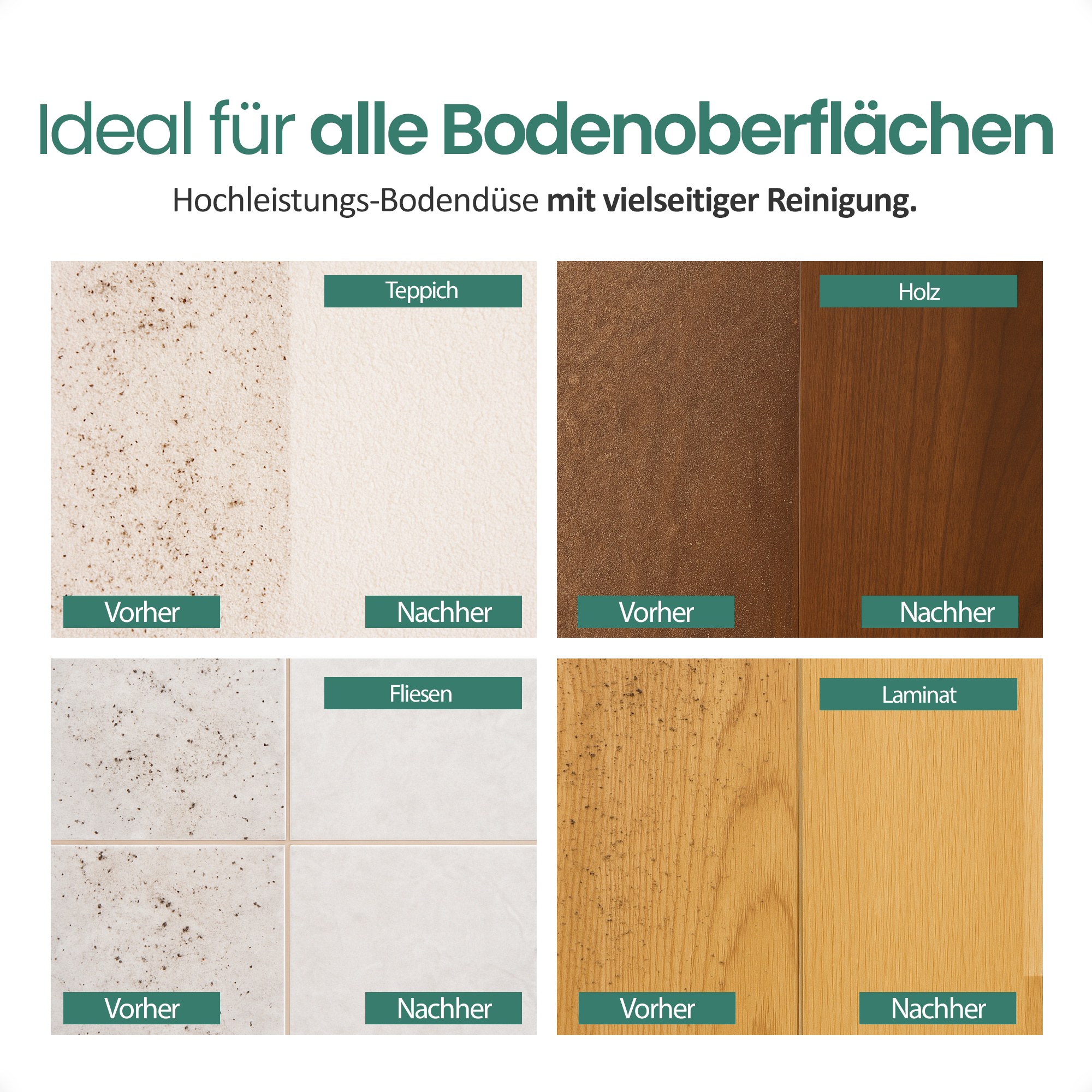 Bilder zeigen Teppich, Holz, Fliesen und Laminat vor und nach der Reinigung.