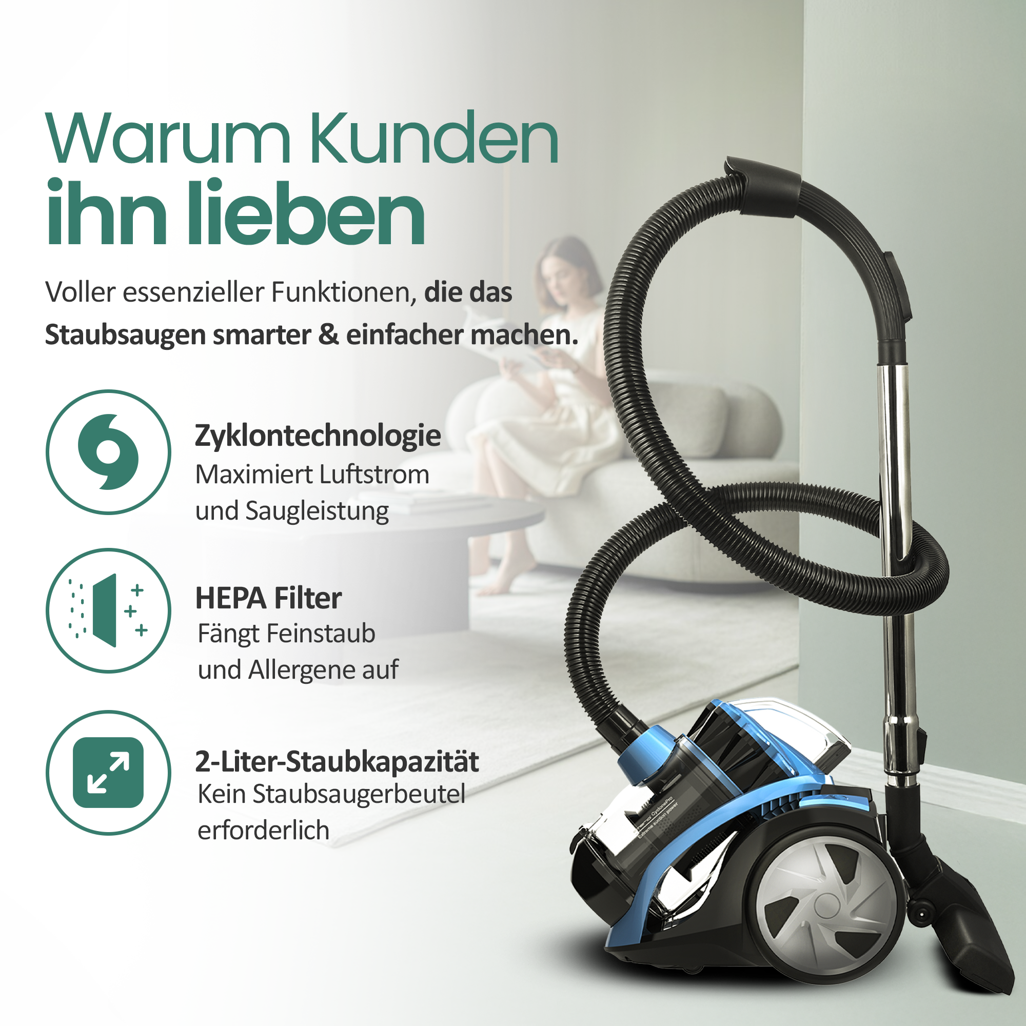 Ein blauer und schwarzer Staubsauger mit Zubehör und Text über Funktionen.