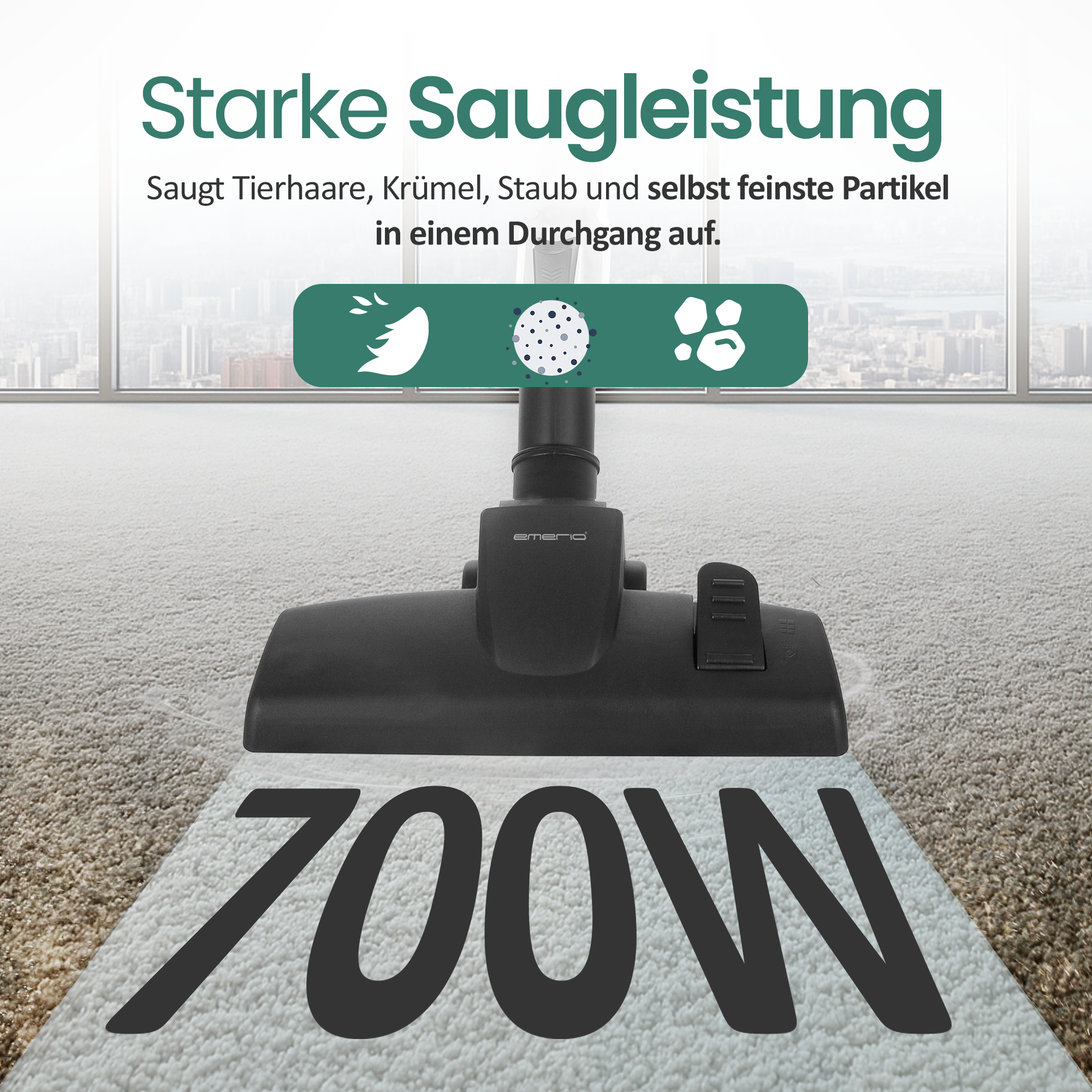 Staubsaugerdüse saugt einen Teppich. "700W" steht groß darauf.