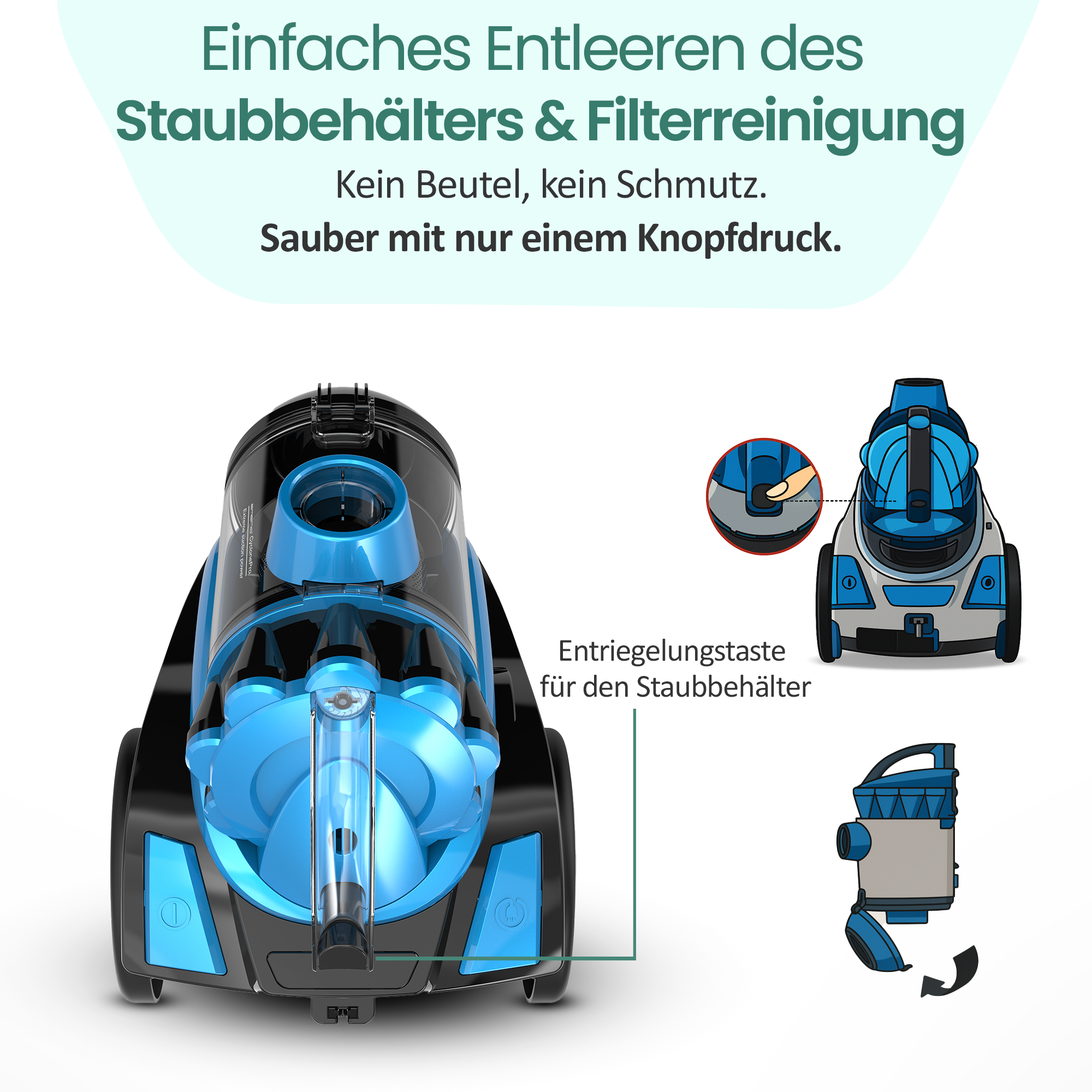 Ein blauer und schwarzer Staubsauger mit transparentem Behälter.
