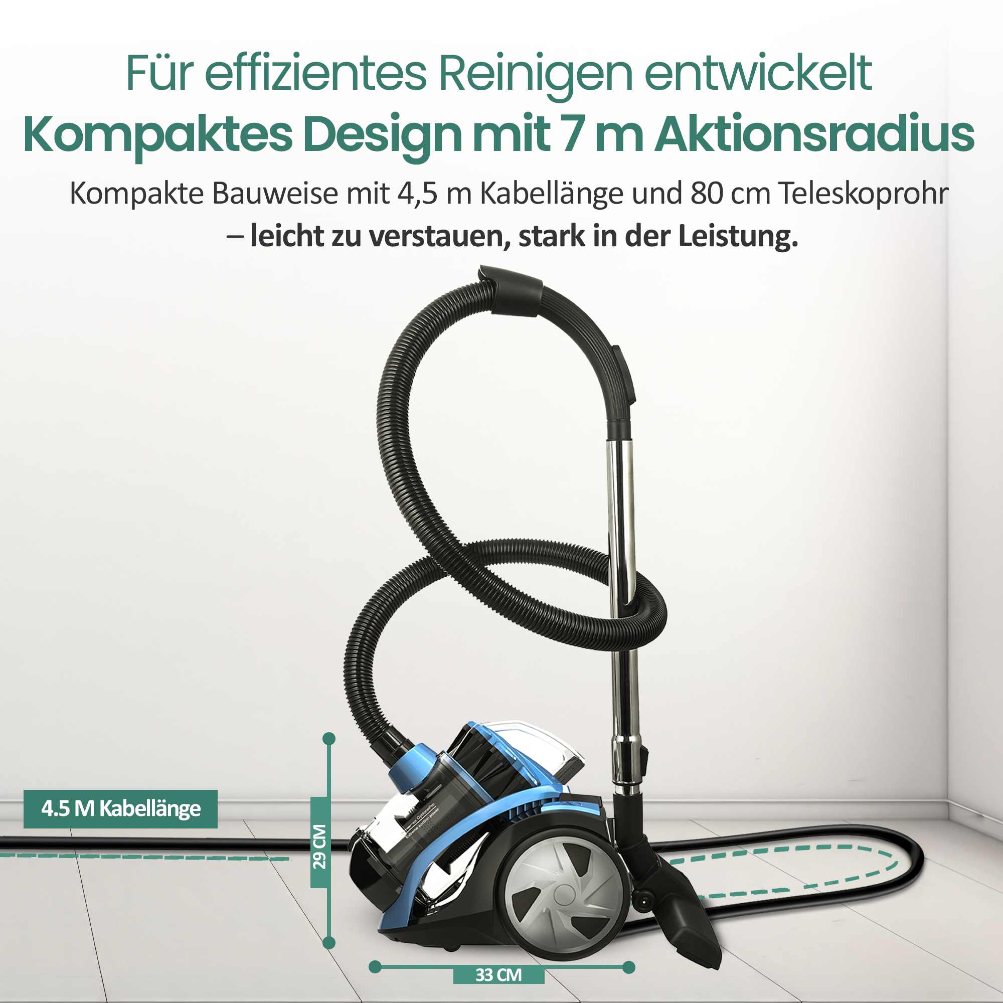 Ein blauer und schwarzer Staubsauger mit Zubehör auf einem weißen Boden.