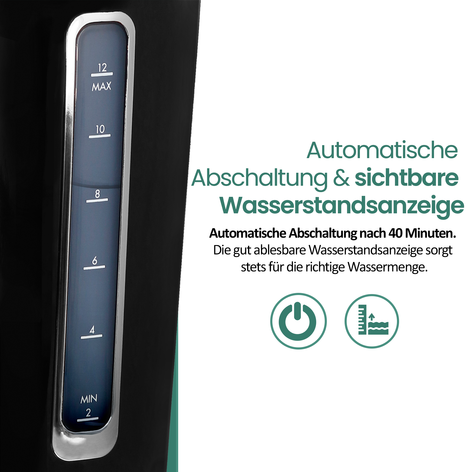 Wasserkocher mit Wasserstandsanzeige von Min 2 bis Max 12.