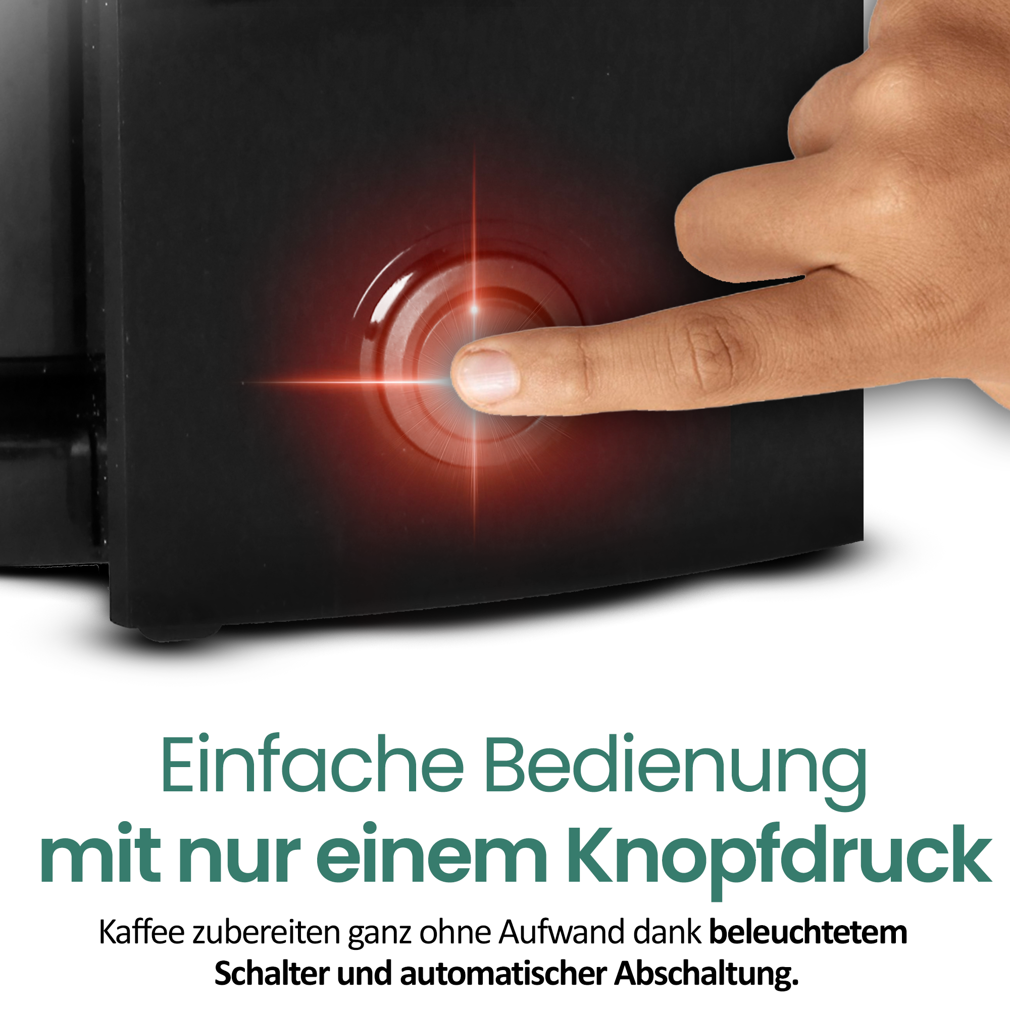 Ein Finger drückt auf einen beleuchteten Knopf an einem schwarzen Gerät.